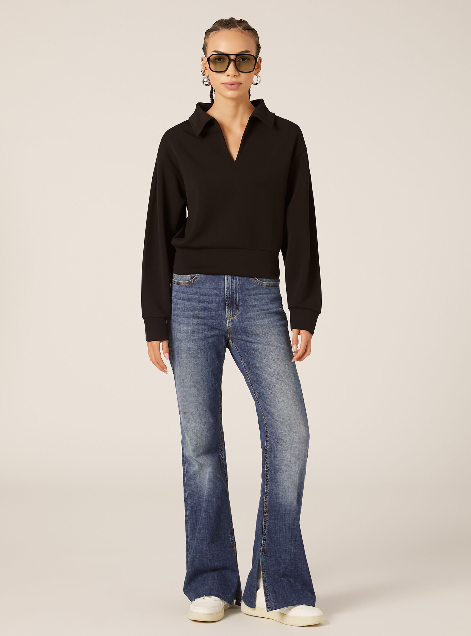 Sweat-shirt &agrave; col polo, BK1 BLACK