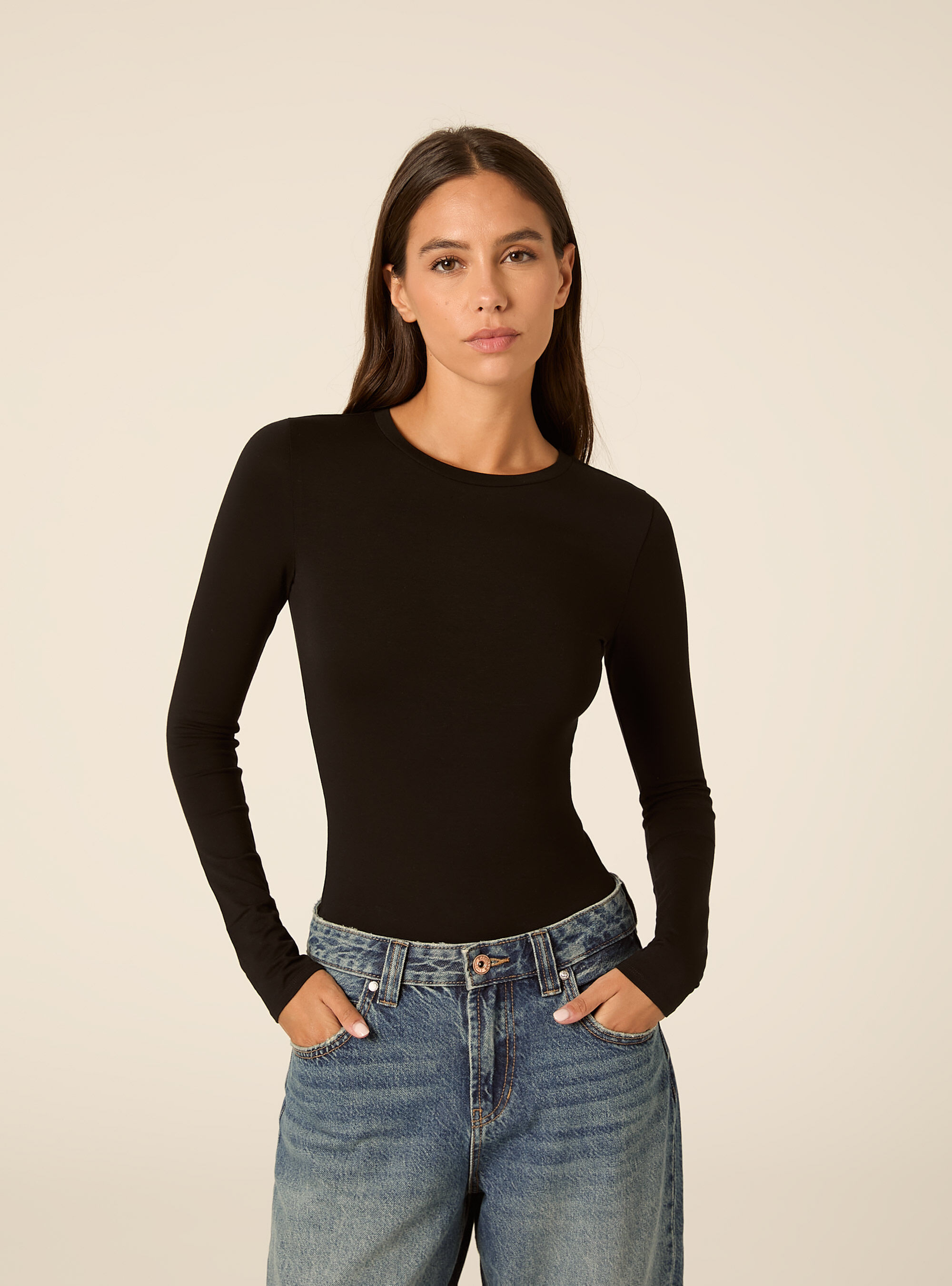 Long Sleeve Crew Neck Body, BK1 BLACK