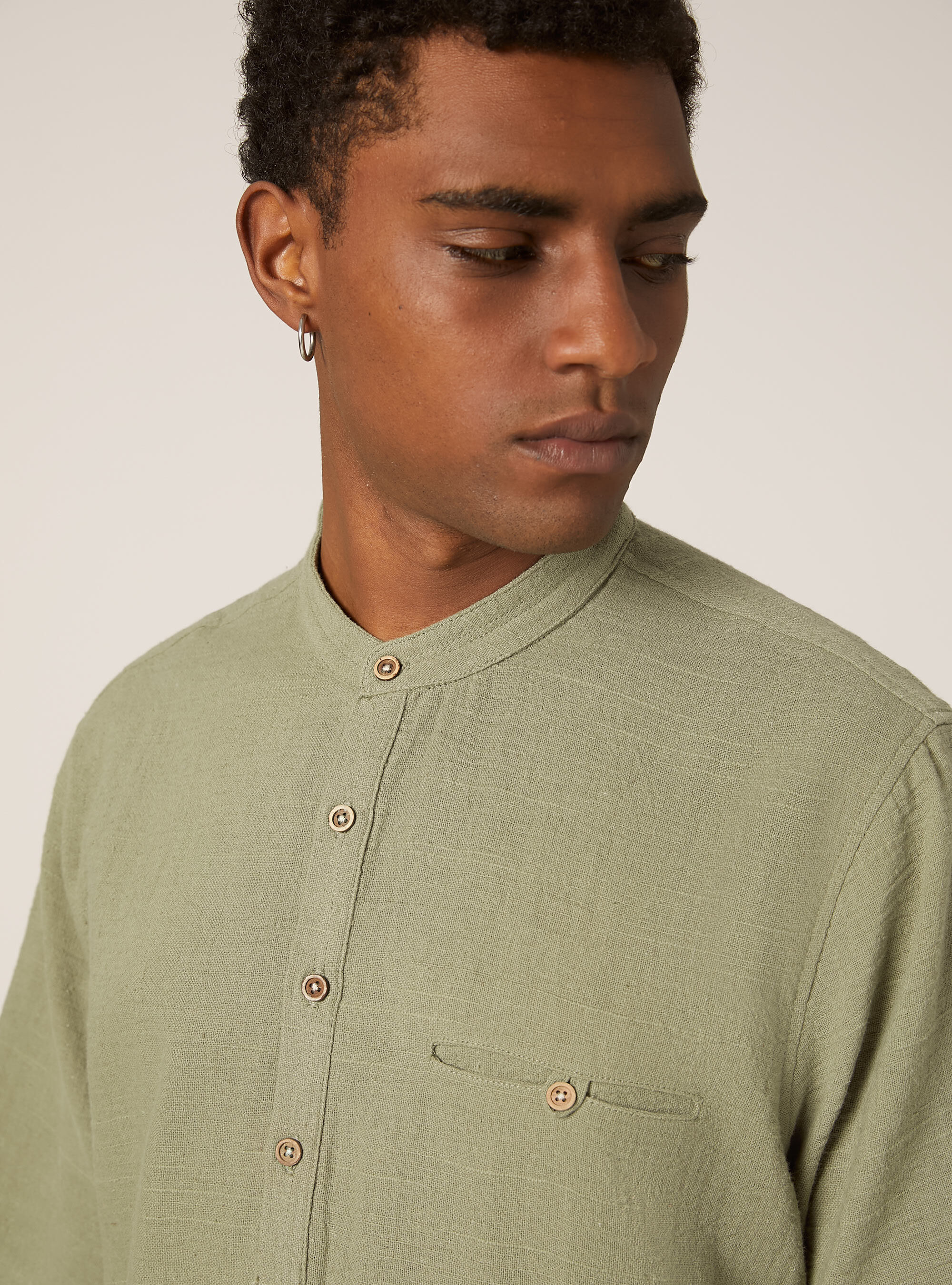 Linen blend shirt with Korean collar, KY2 KAKY MEDIUM