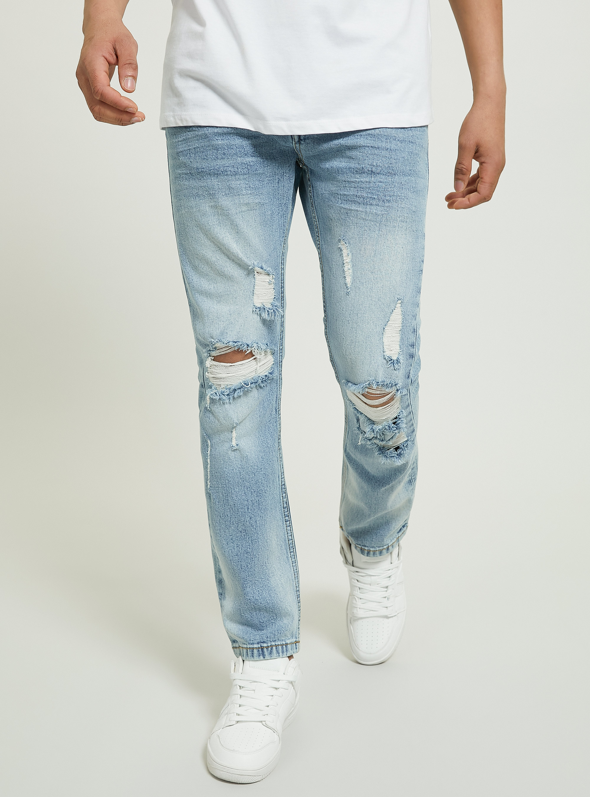 Jean slim en denim stretch avec d&eacute;chirures, D003 MEDIUM BLUE