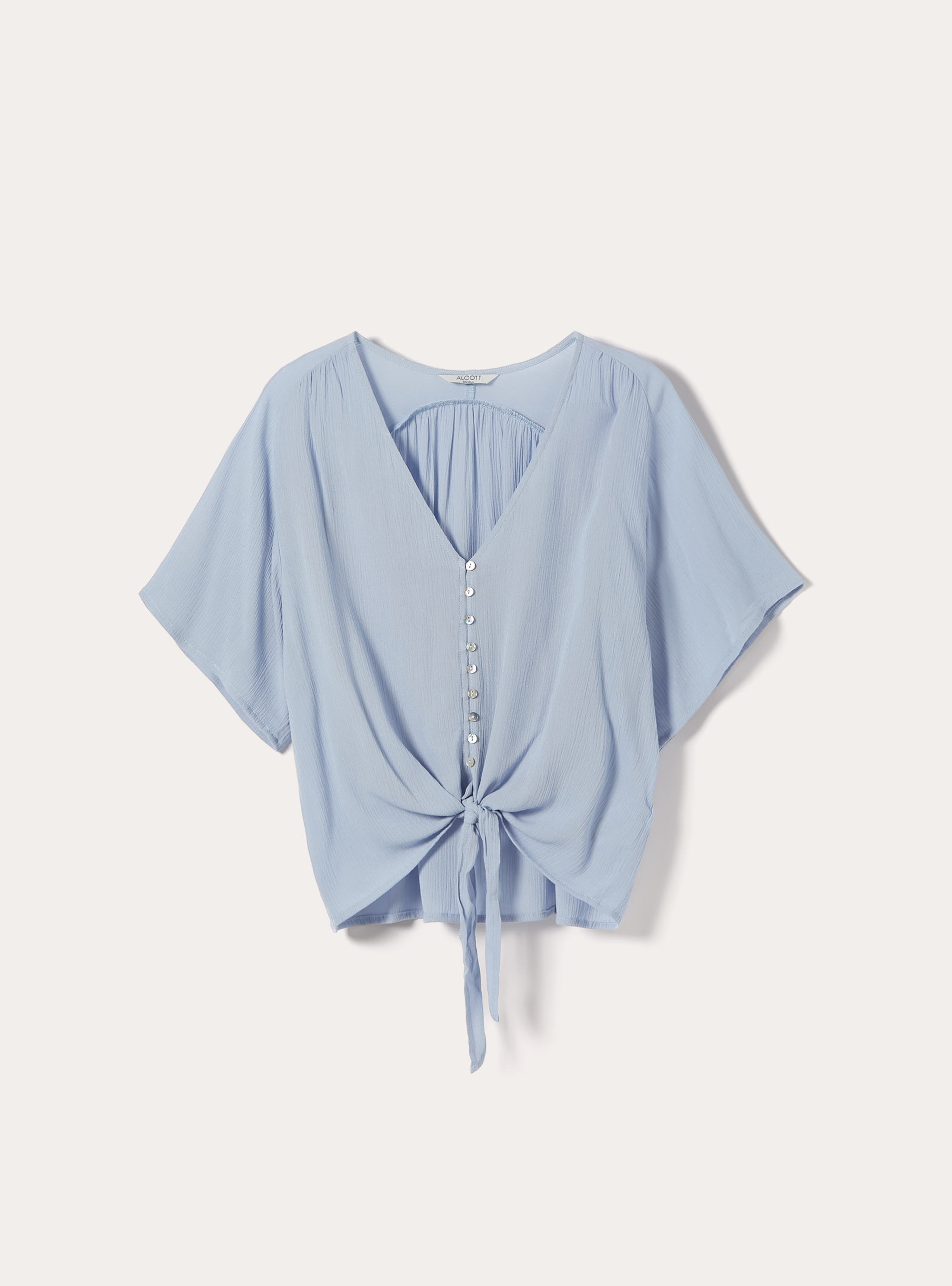 Camicia scollo a v tinta unita e nodo in vita, AZZURRO CHIARO