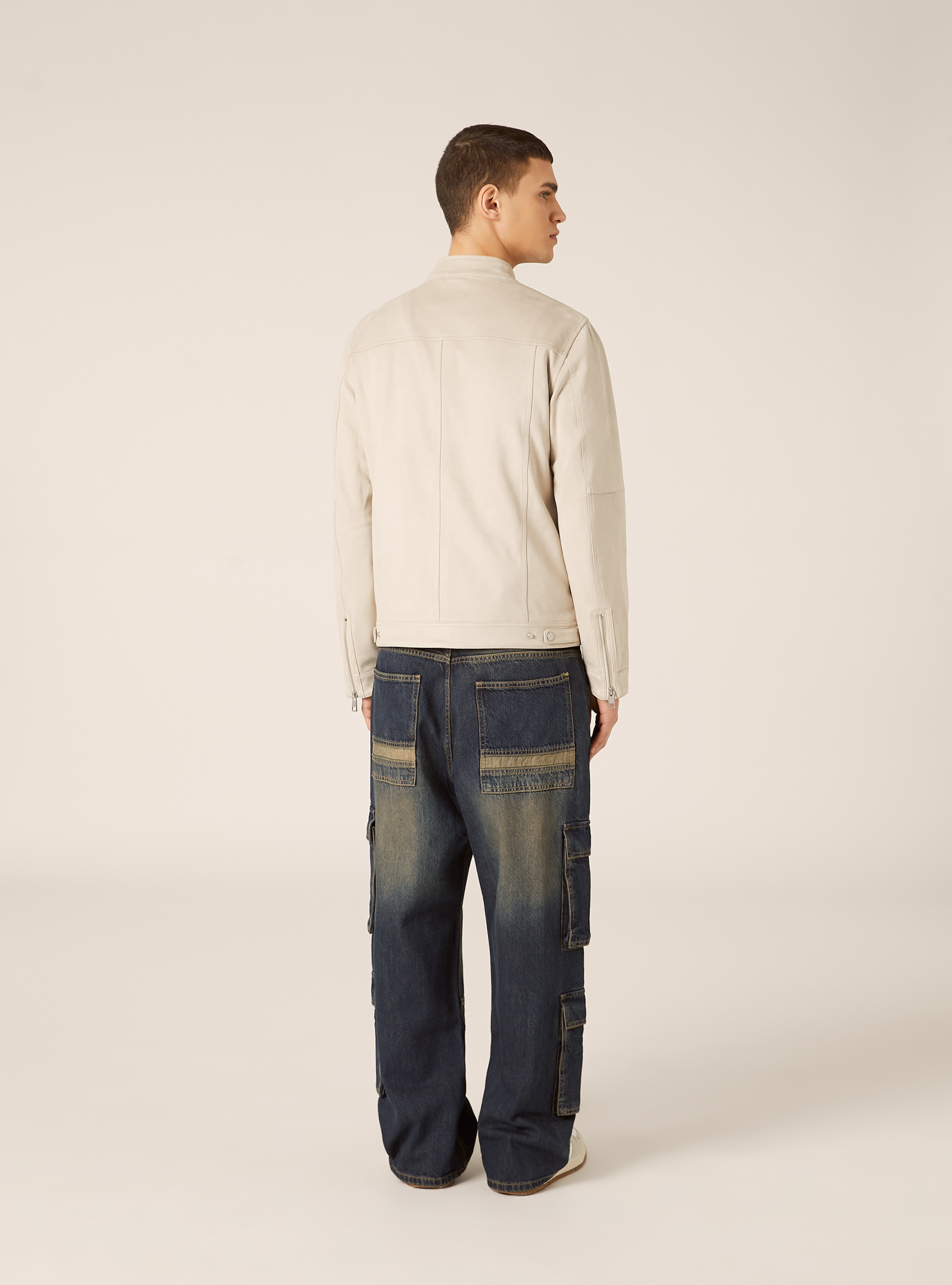 Suede-effect biker jacket, CR3 CREAM LIGHT