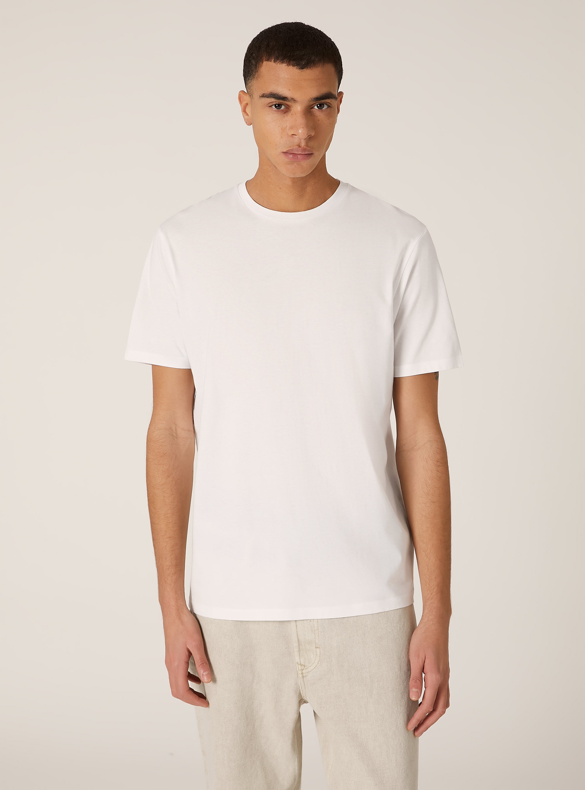 T-shirt en coton &agrave; col ras du cou, WH3 WHITE