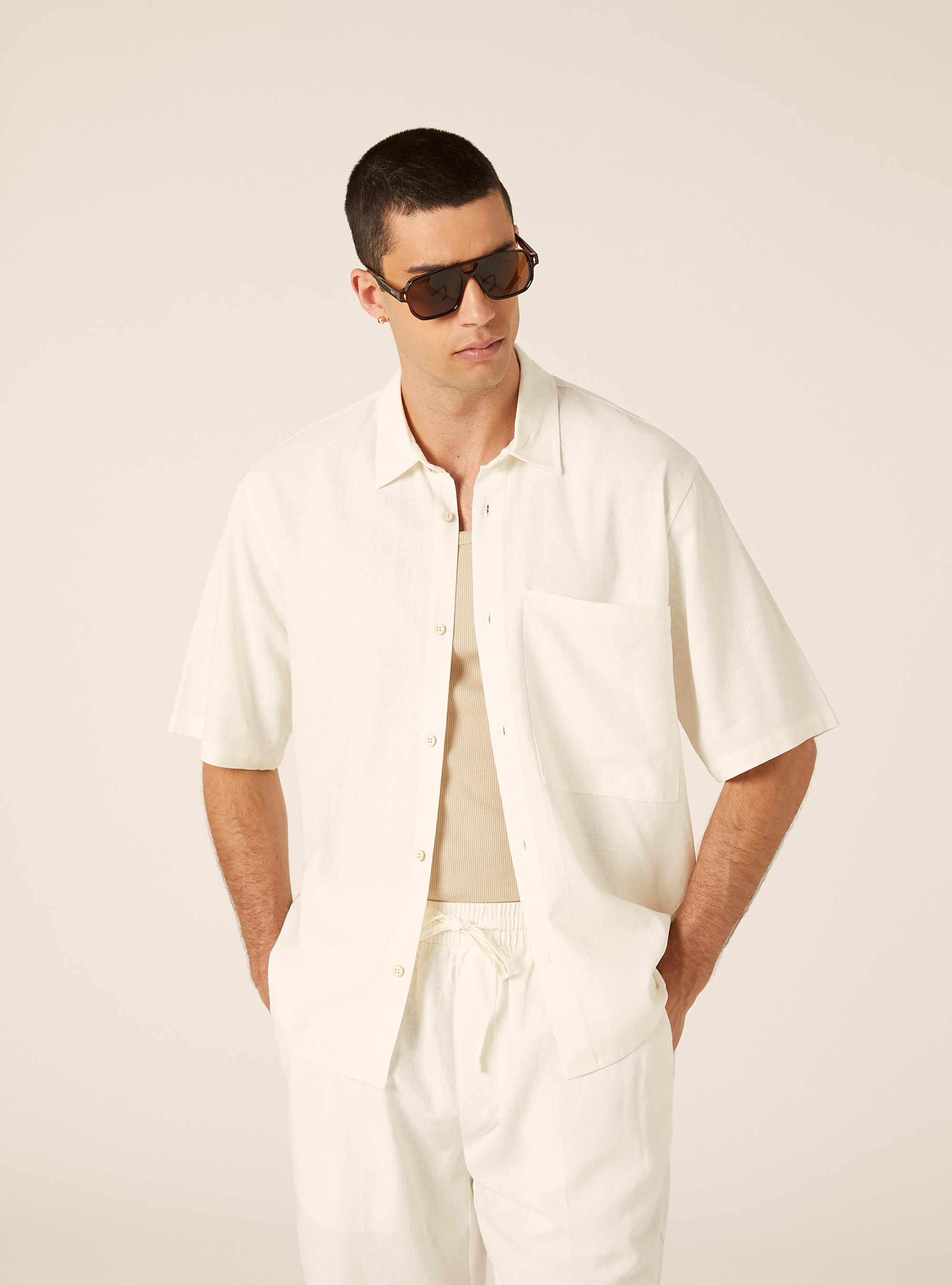 Linen Blend Shirt with Pocket, WH2 WHITE