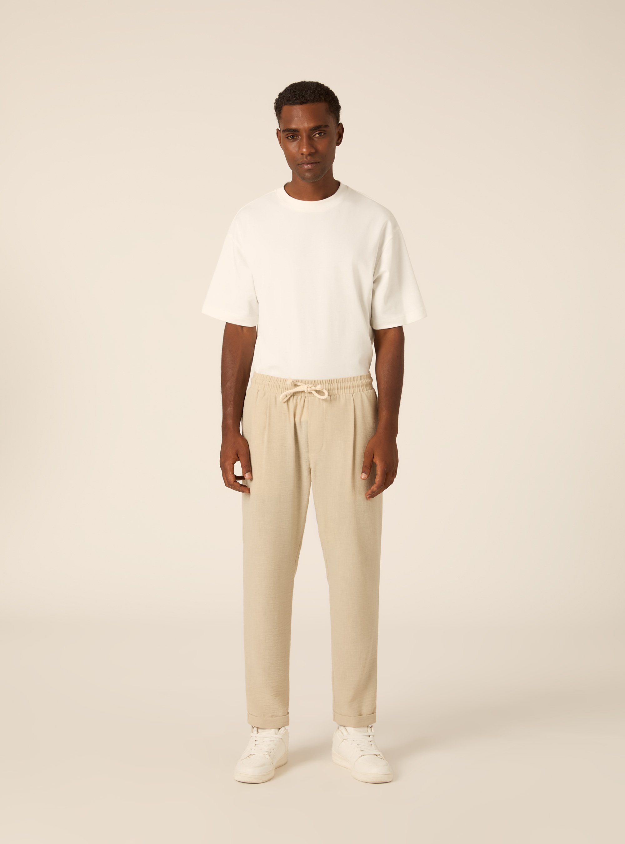 Comfort Fit Pleated Trousers with Drawstring, BG3 BEIGE LIGHT