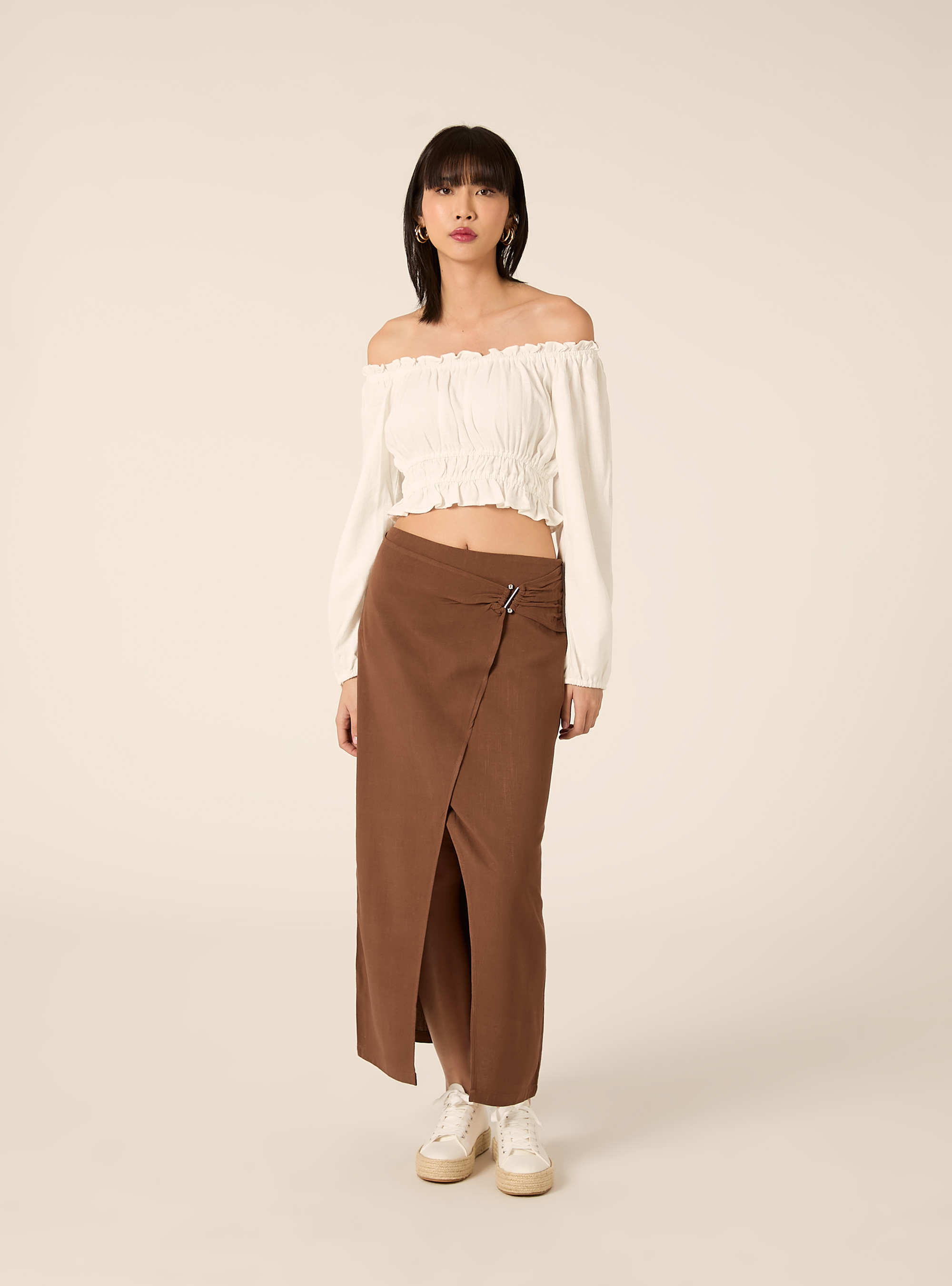 Falda midi asim&eacute;trica en mezcla de lino, BR2 BROWN MEDIUM