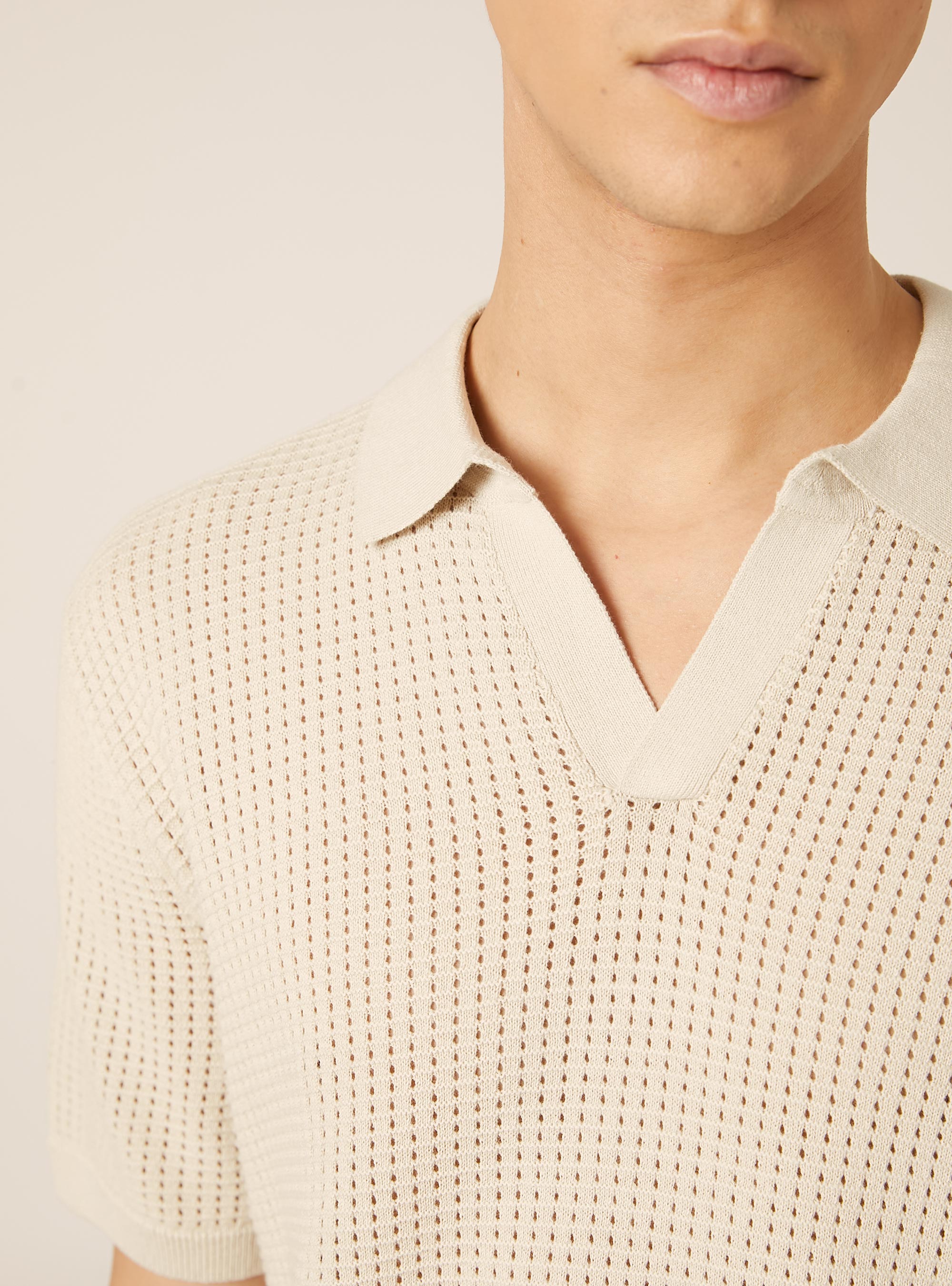 Openwork Knit Polo Shirt, CR3 CREAM LIGHT