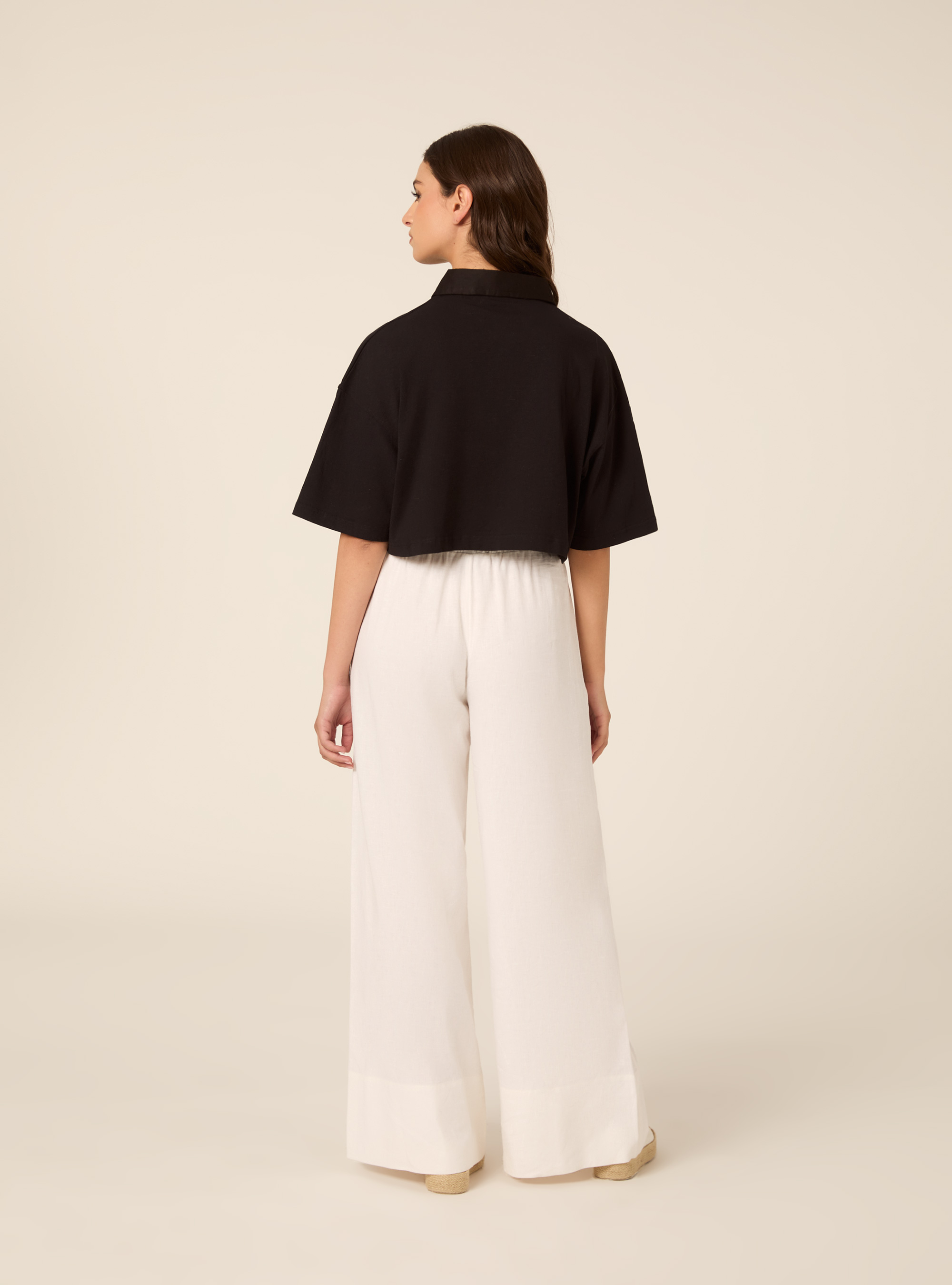 Oversized Cropped Polo Shirt with Embroidery, BK1 BLACK