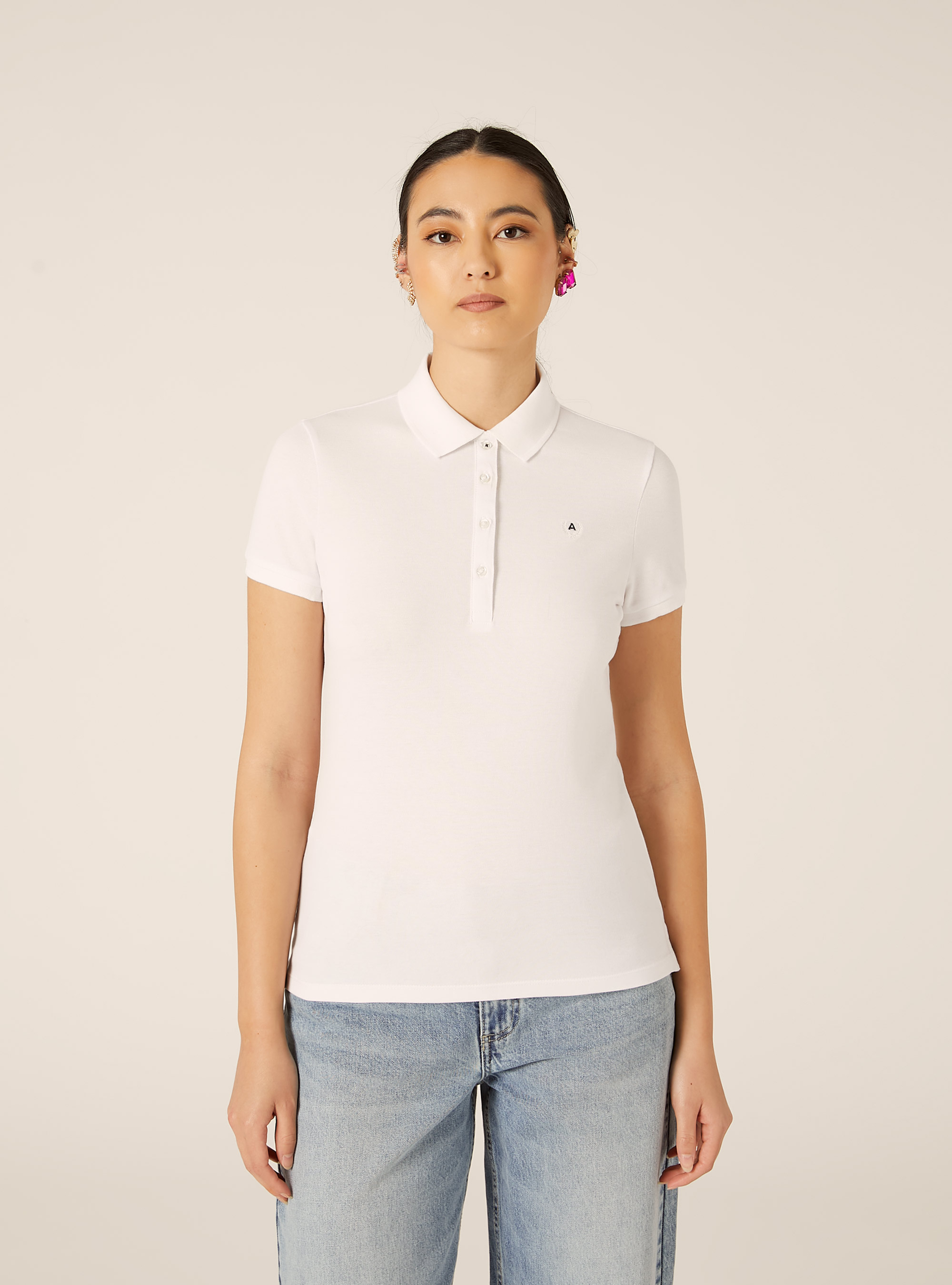Polo slim fit con logo ricamato, BIANCO OTTICO