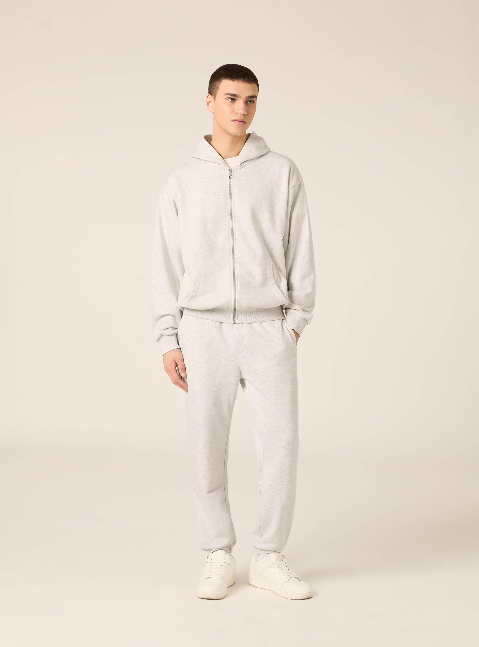 Felpa con zip e cappuccio boxy fit, GRIGIO CHIARO MELANGE