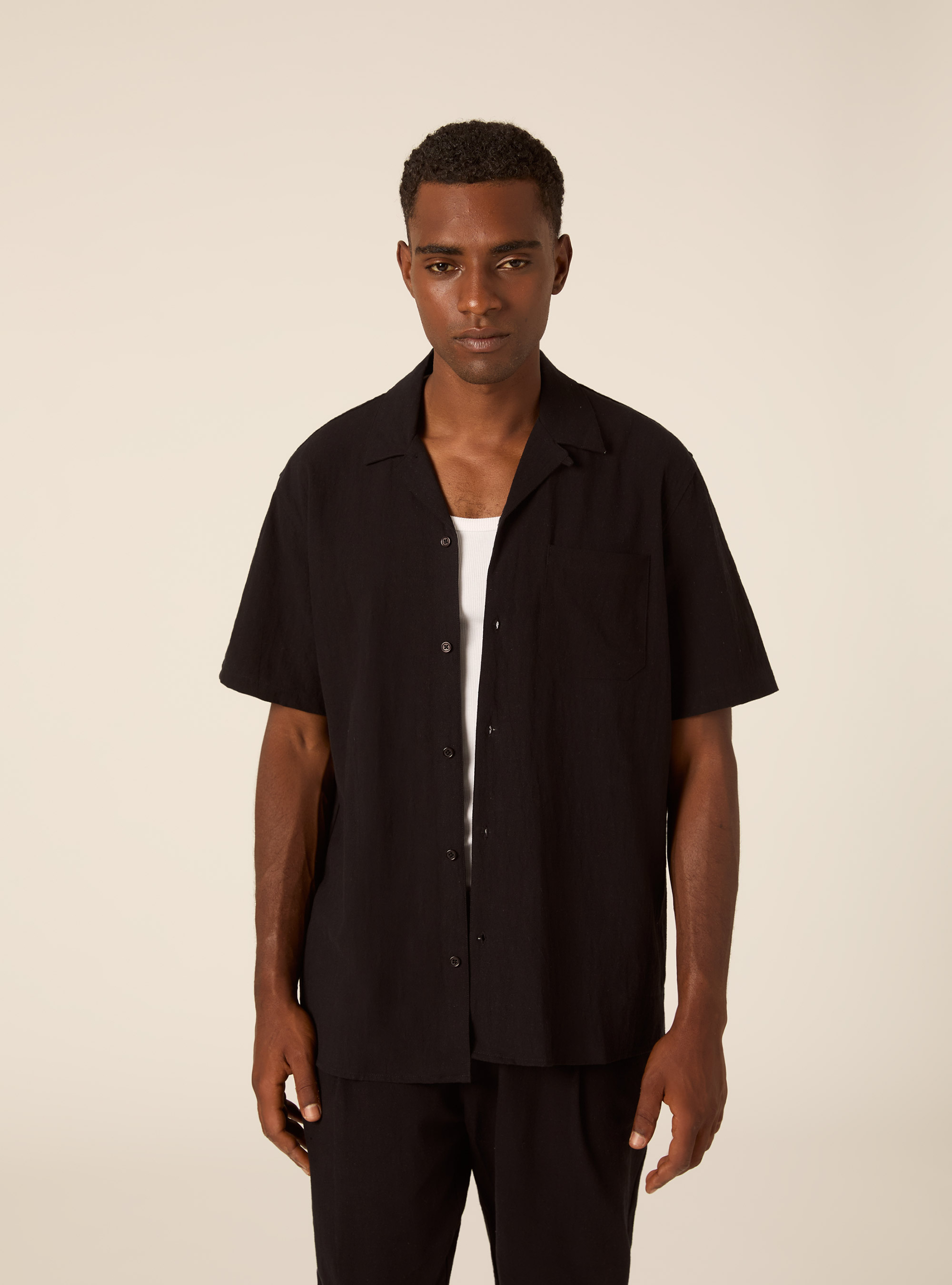 Camisa Bowling de Mezcla de Lino, BK1 BLACK