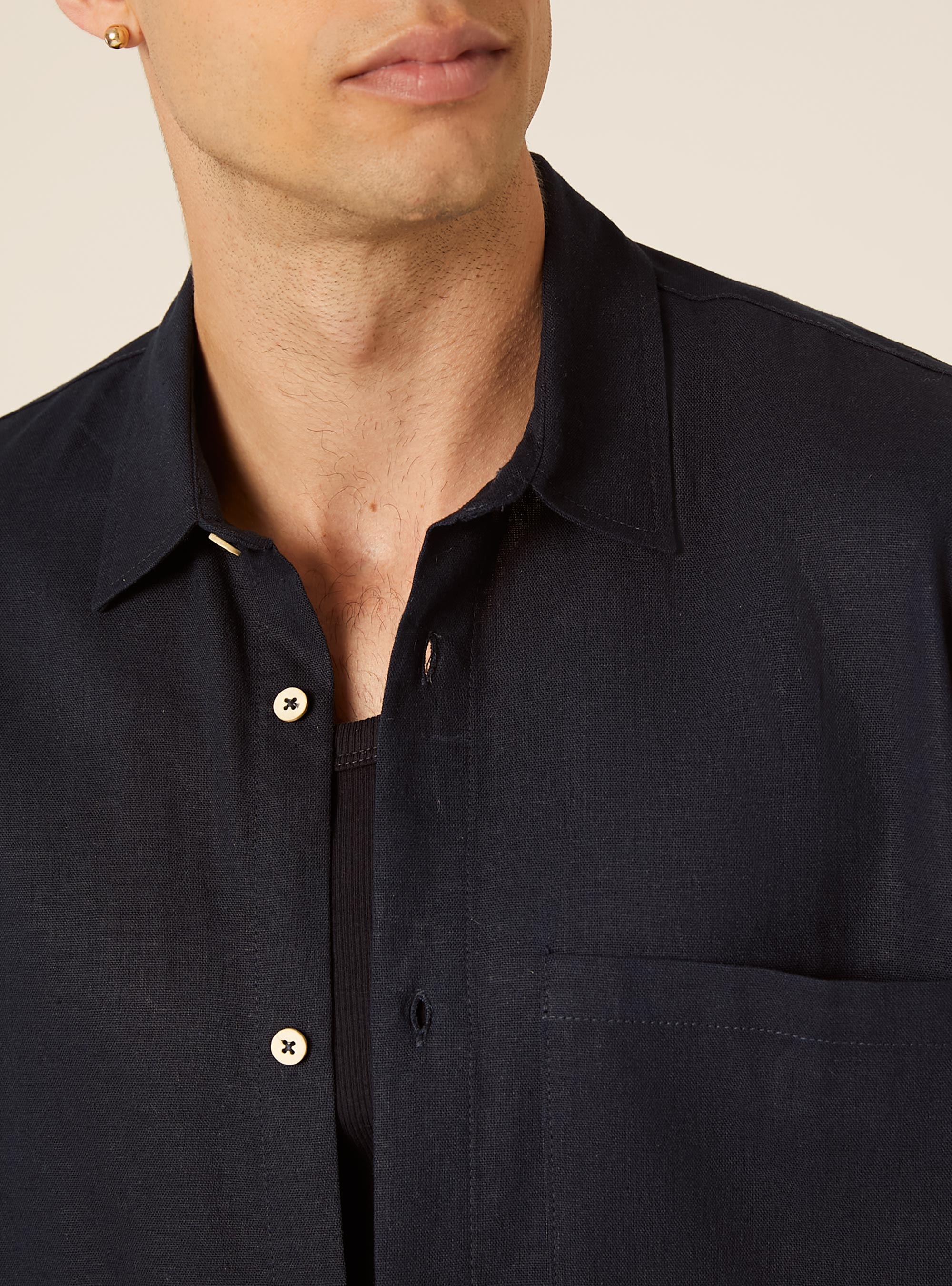 Linen Blend Shirt with Pocket, NA1 NAVY DARK