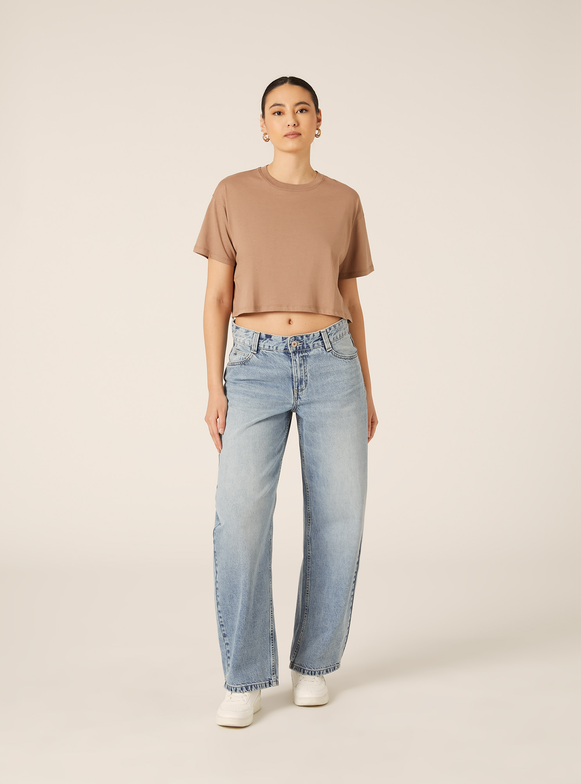 Basic Crew Neck Cropped T-Shirt, BR3 BROWN LIGHT