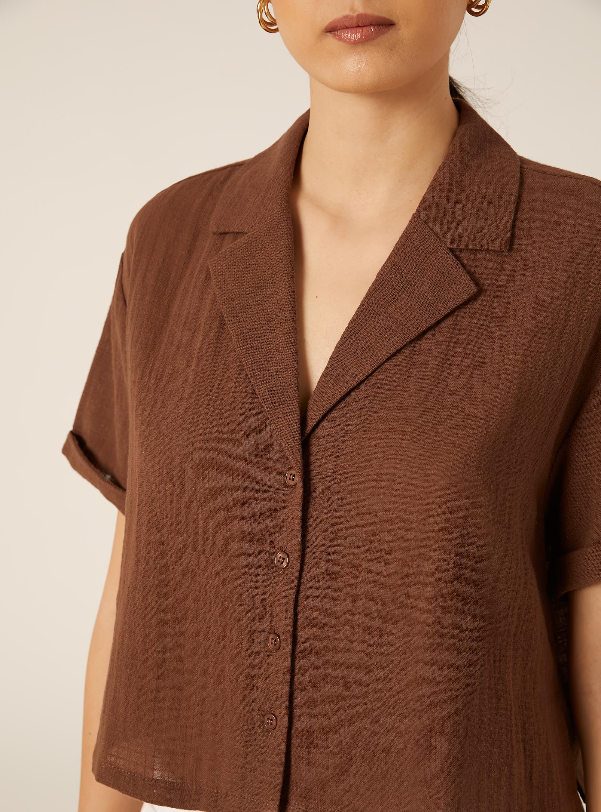 Camicia maniche corte crop, MARRONE MEDIO