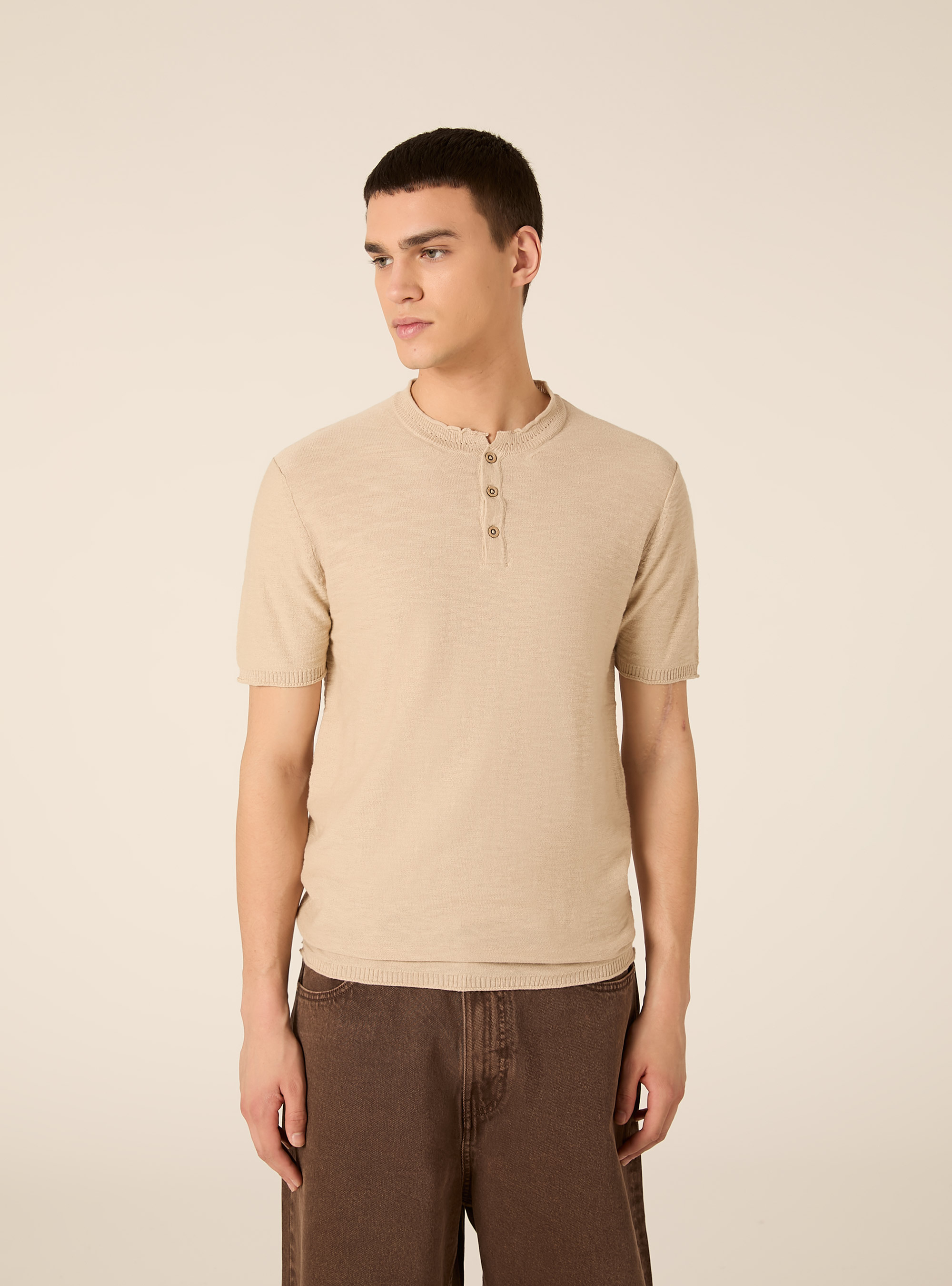 Short Sleeve Henley Pullover, BG2 BEIGE MEDIUM