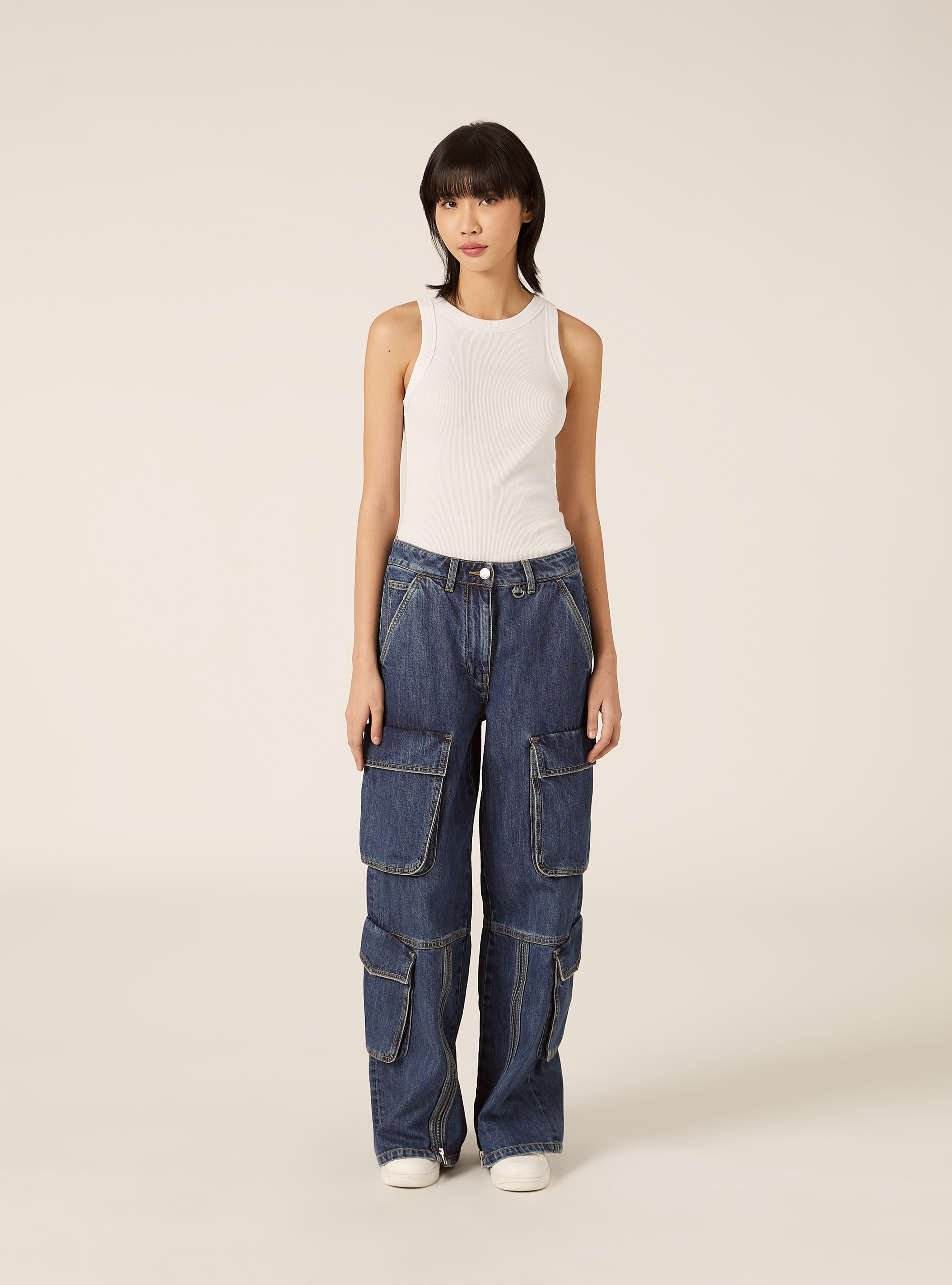 Jeans cargo con dettagli zip, D003 MEDIUM BLUE