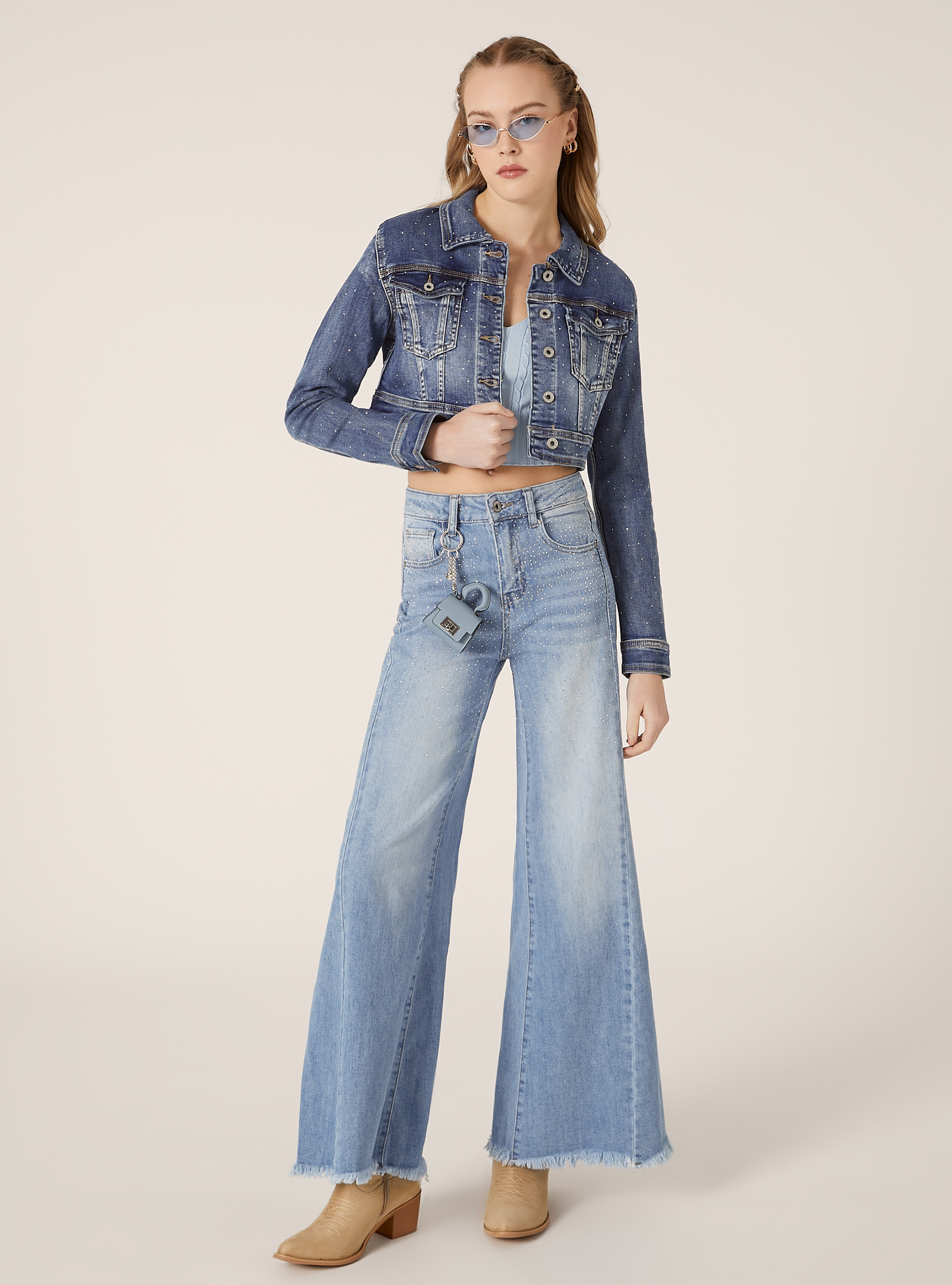 Veste en jean courte avec strass, D003 MEDIUM BLUE