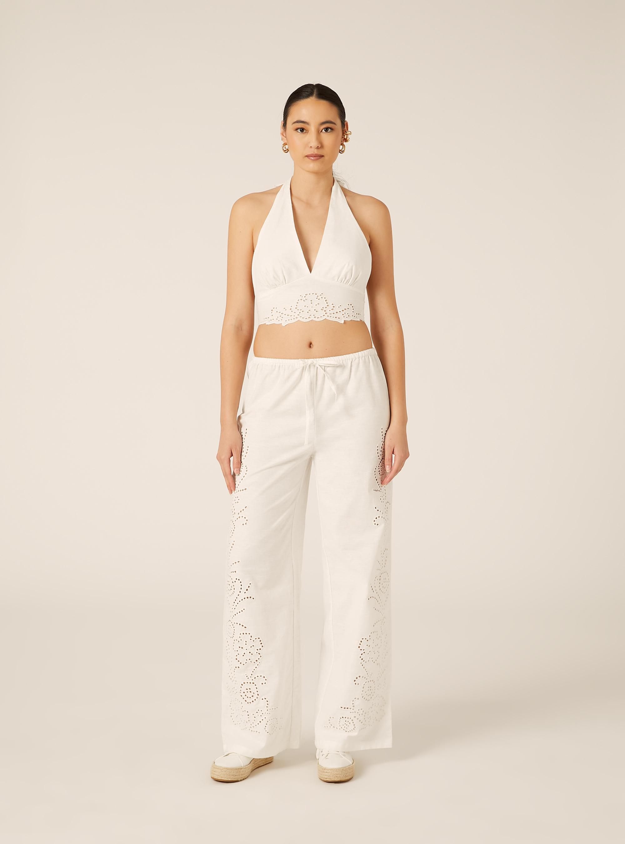 Pantalon Large en M&eacute;lange de Lin avec Broderie Anglaise Lat&eacute;rale, WH2 WHITE