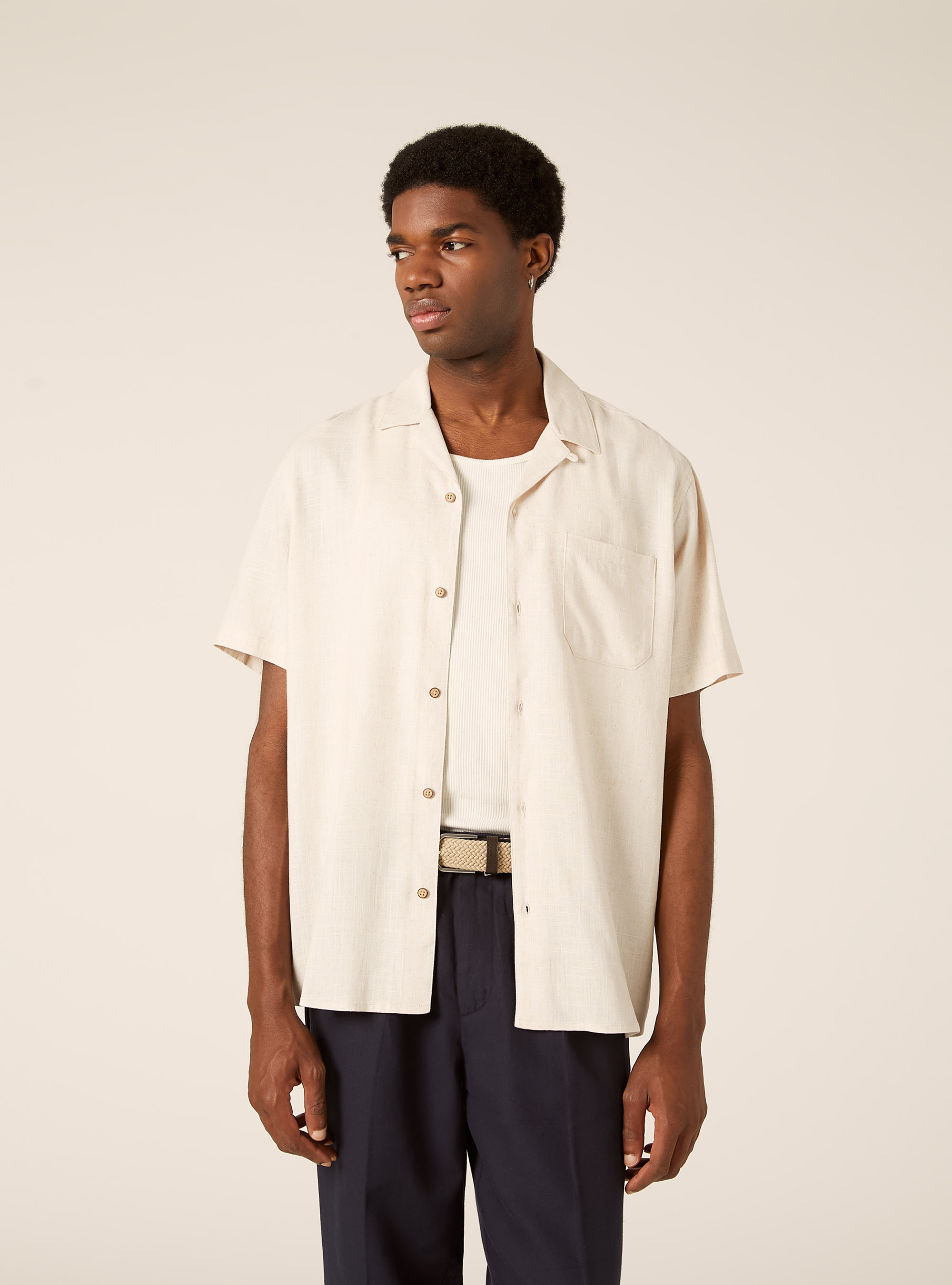Linen blend shirt with bowling collar, MBG3 BEIGE MEL LIGHT