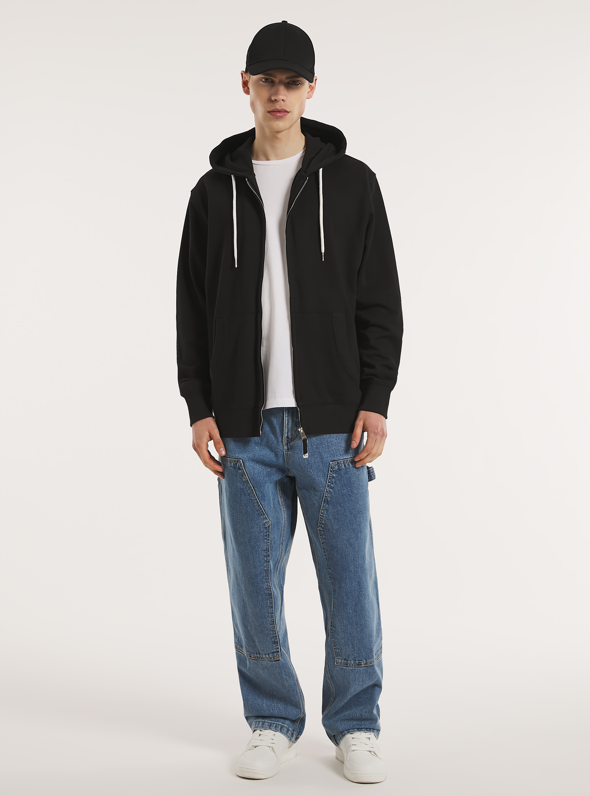 Zip et sweat &agrave; capuche en coton, BK1 BLACK