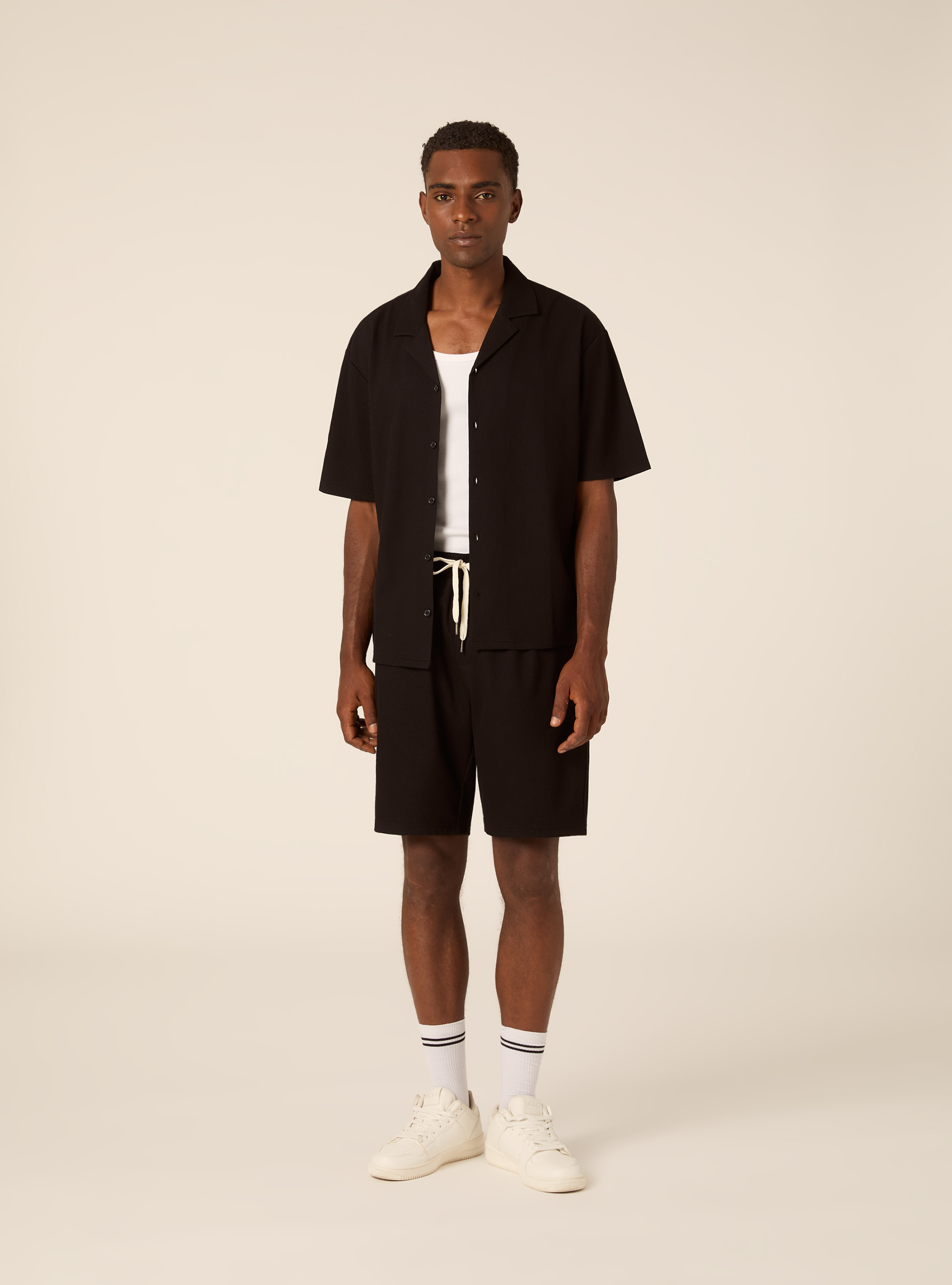 Structured Knit Drawstring Bermuda Shorts, BK1 BLACK