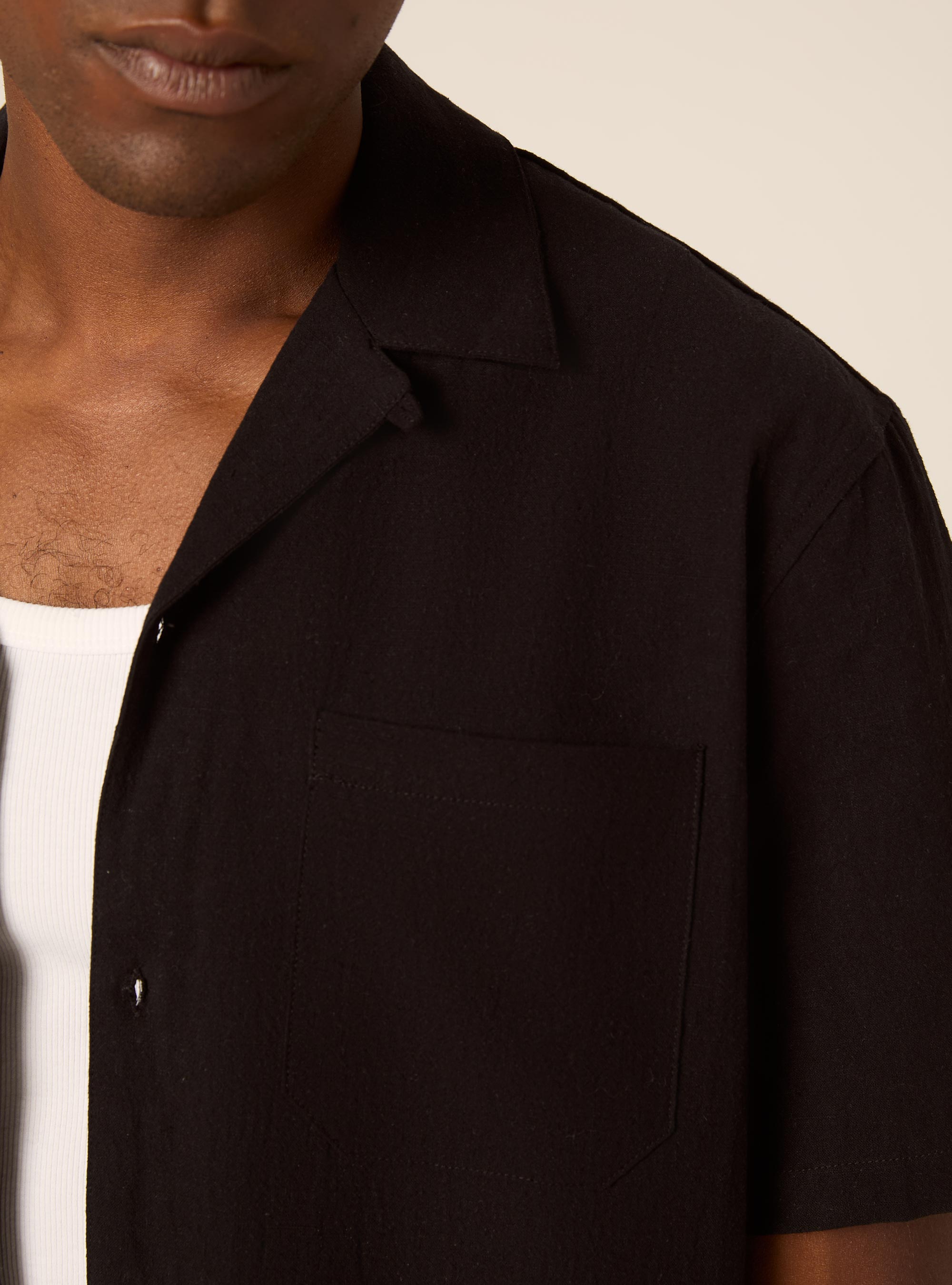 Camisa Bowling de Mezcla de Lino, BK1 BLACK
