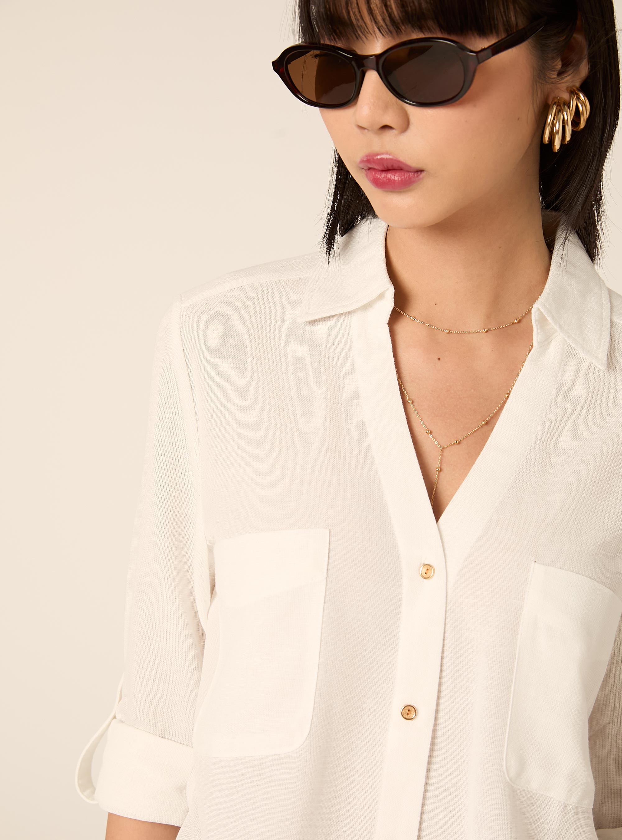 Camisa de mezcla de lino con cuello en V, WH2 WHITE