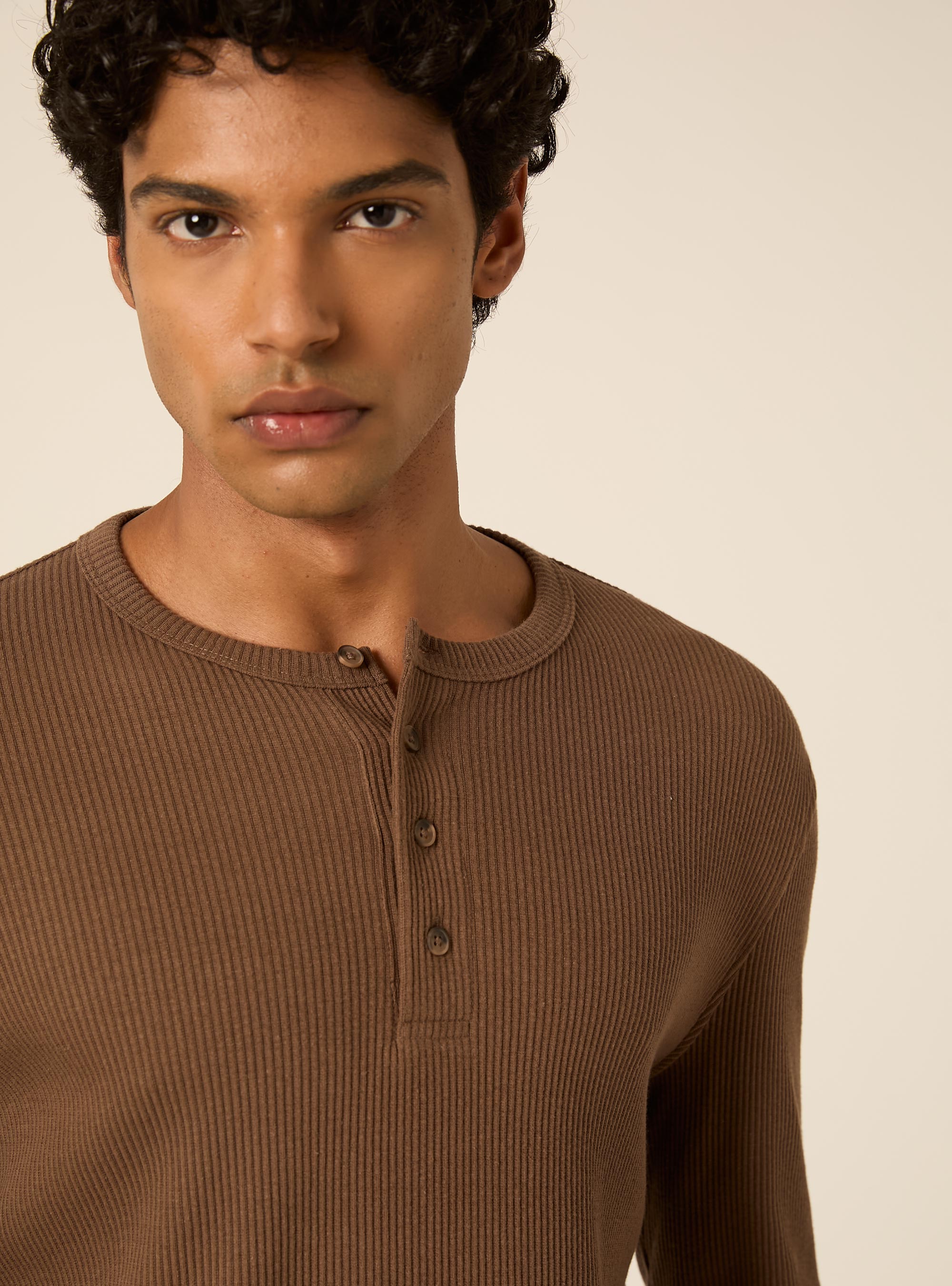 Long sleeve ribbed henley shirt, BR2 BROWN MEDIUM