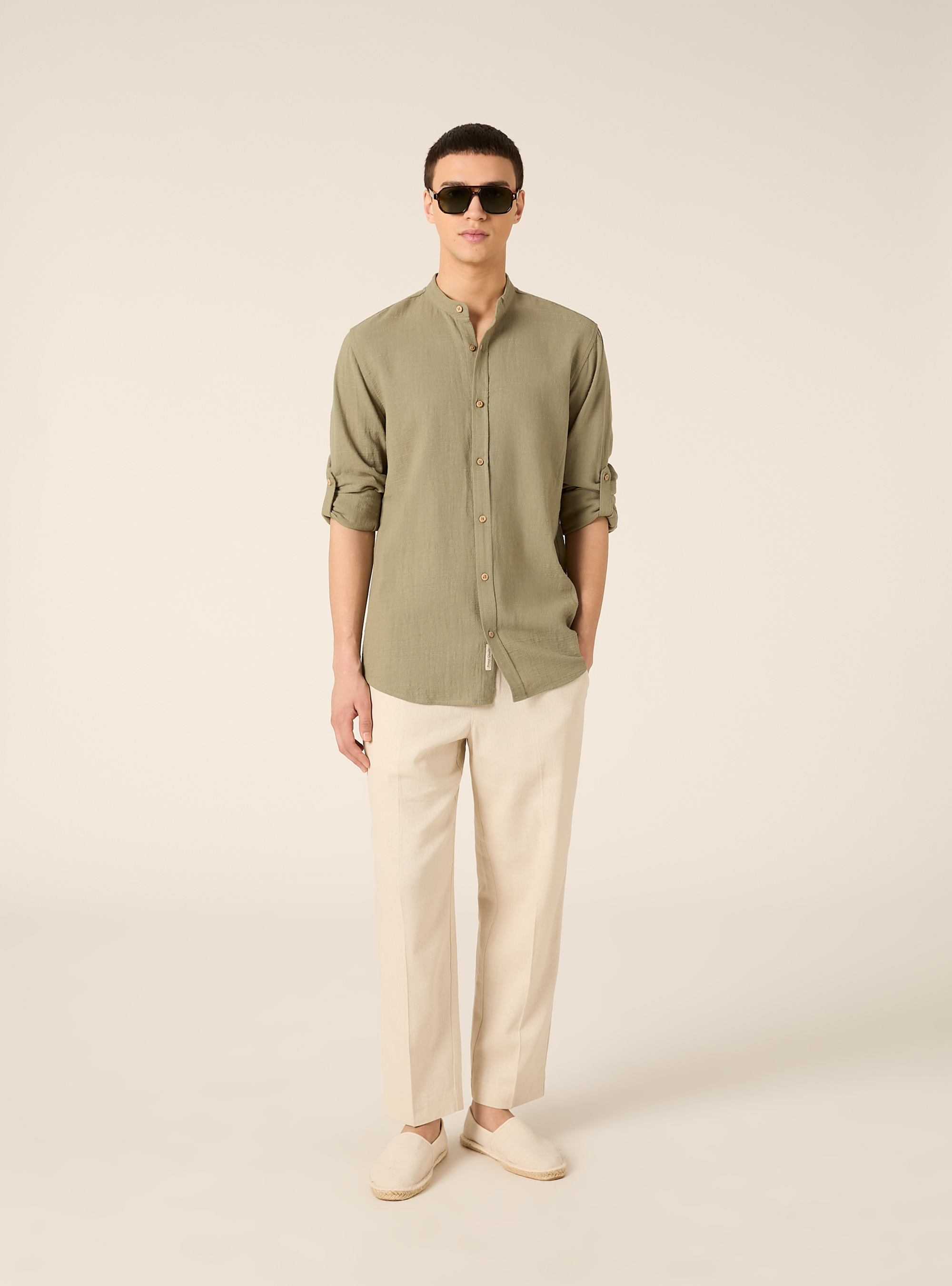 Camicia in misto lino con collo alla coreana, KAKY MEDIO