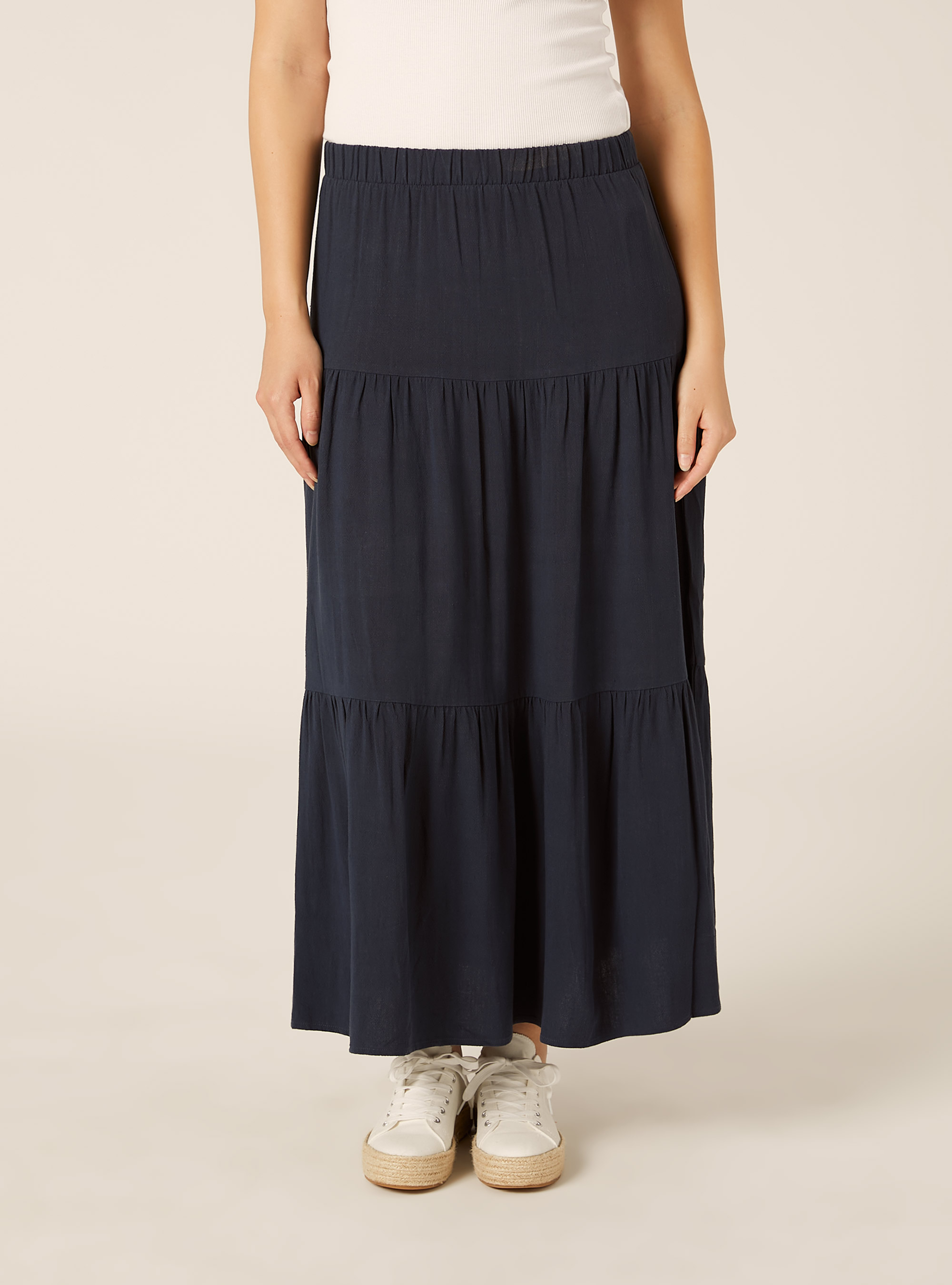 Falda boho con volantes en mezcla de lino, NA2 NAVY MEDIUM