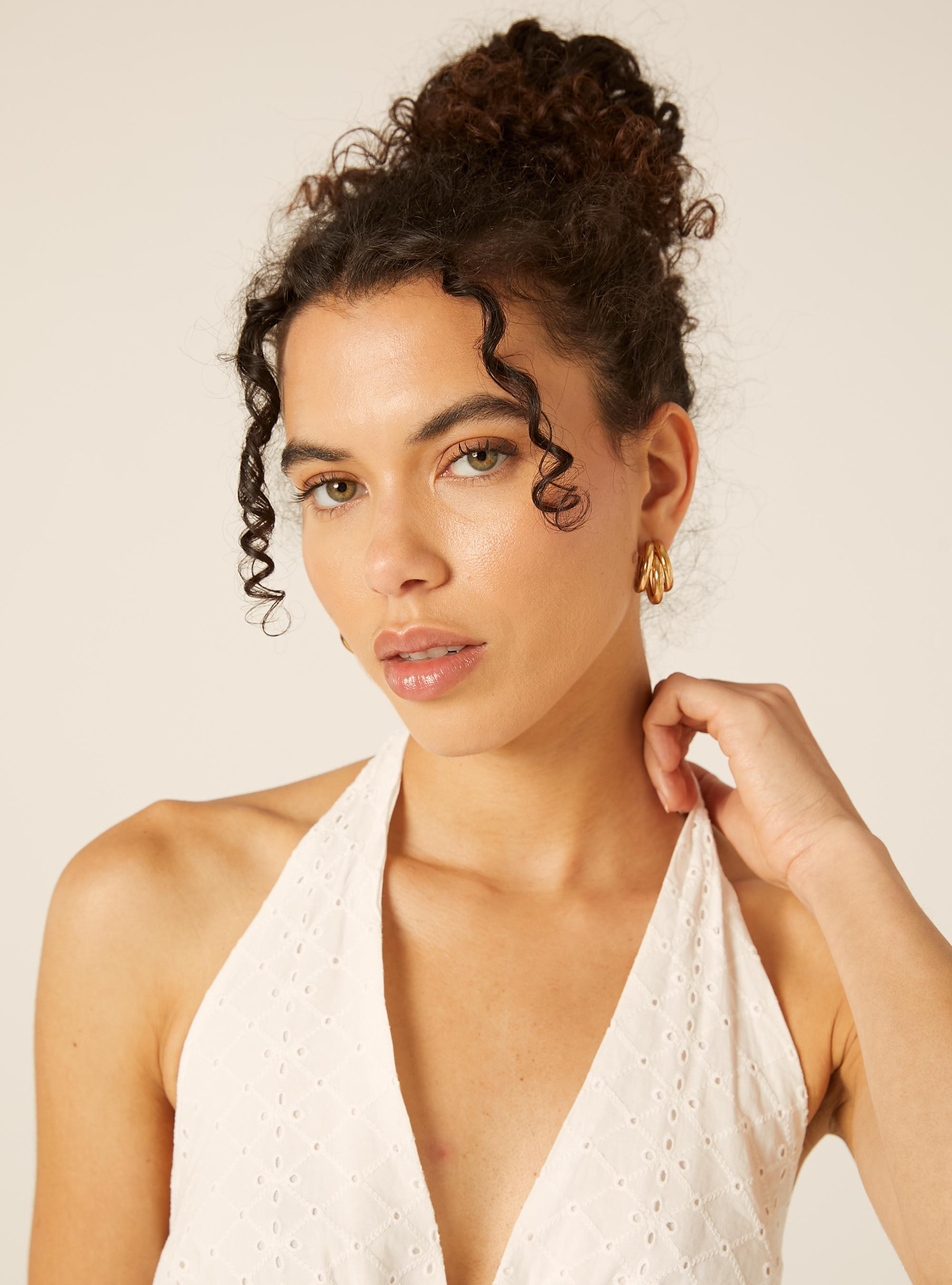 Broderie Anglaise Halter Top with Smocked Waist and Flounce, WH2 WHITE