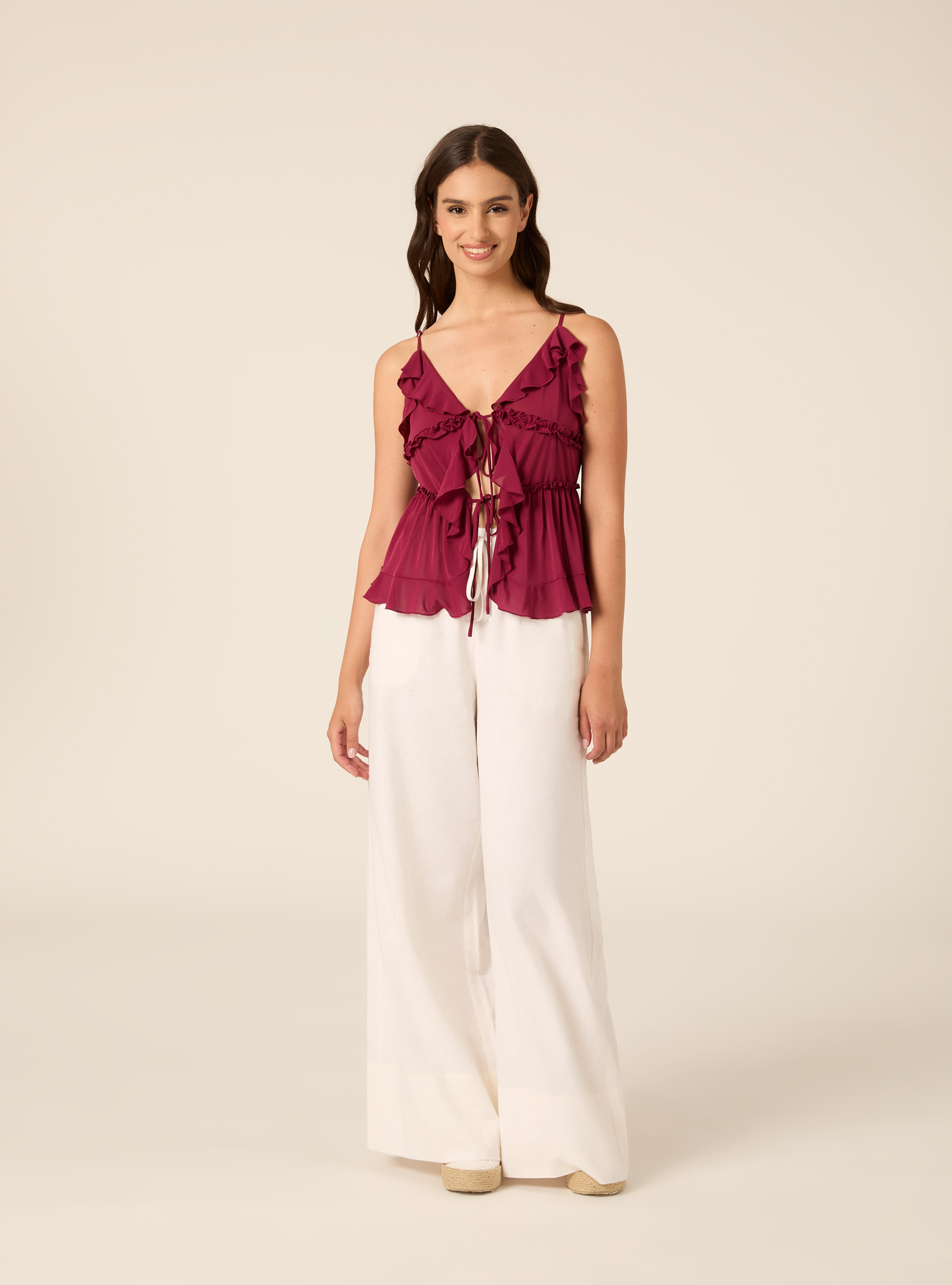 Ruffled Cami Top with Front Tie Details, PK3 PINK LIGHT