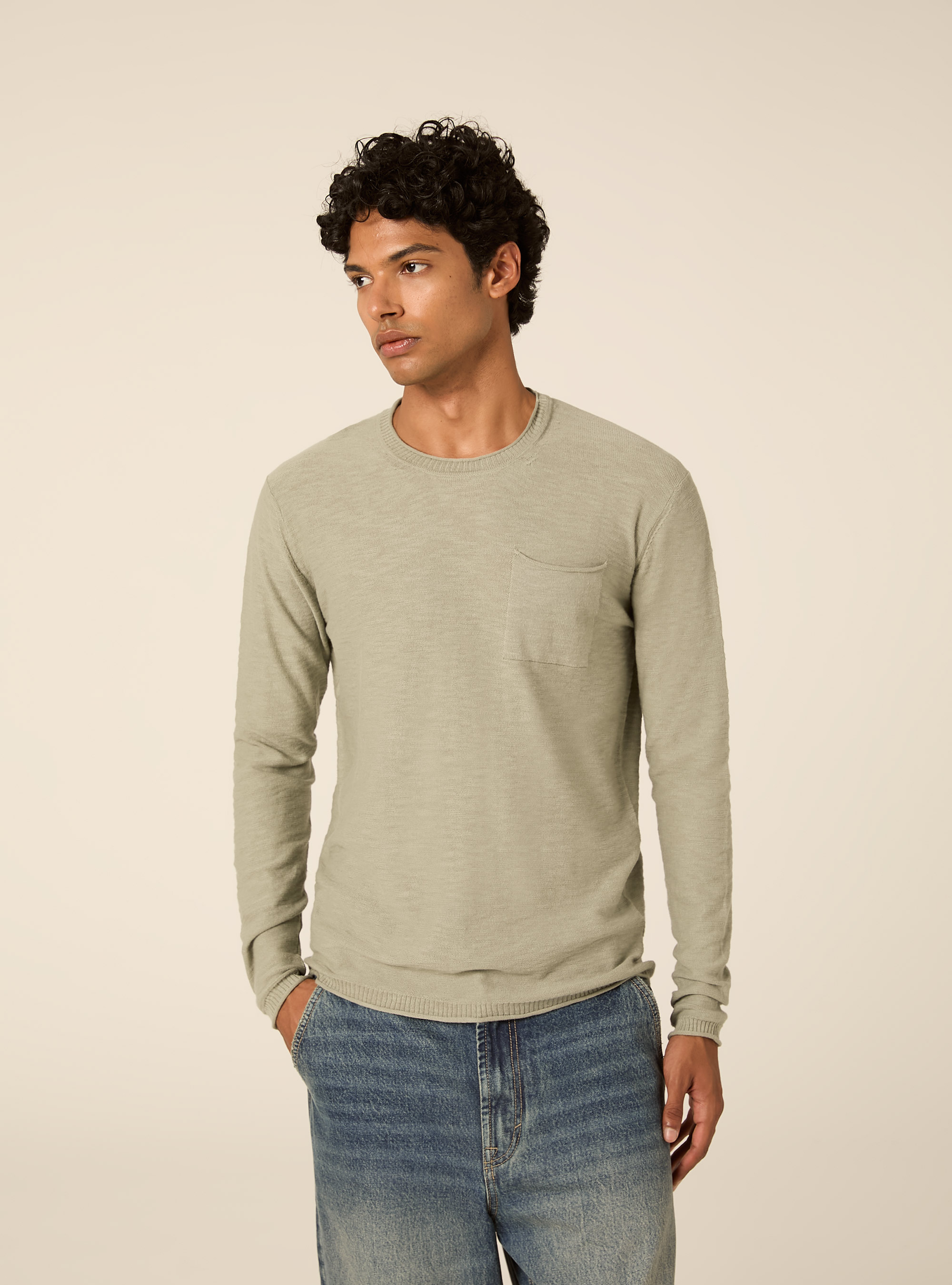 Jersey ligero de cuello redondo con bolsillo, SG3 SAGE LIGHT