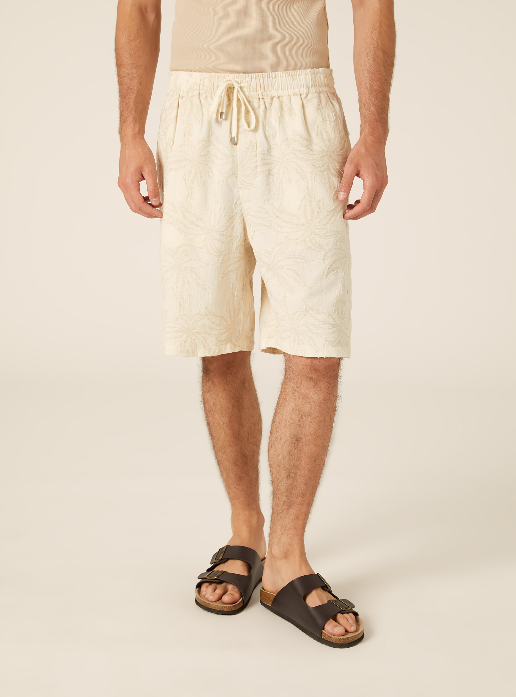 Linen Blend Jacquard Palm Print Bermuda Shorts, CR3 CREAM LIGHT