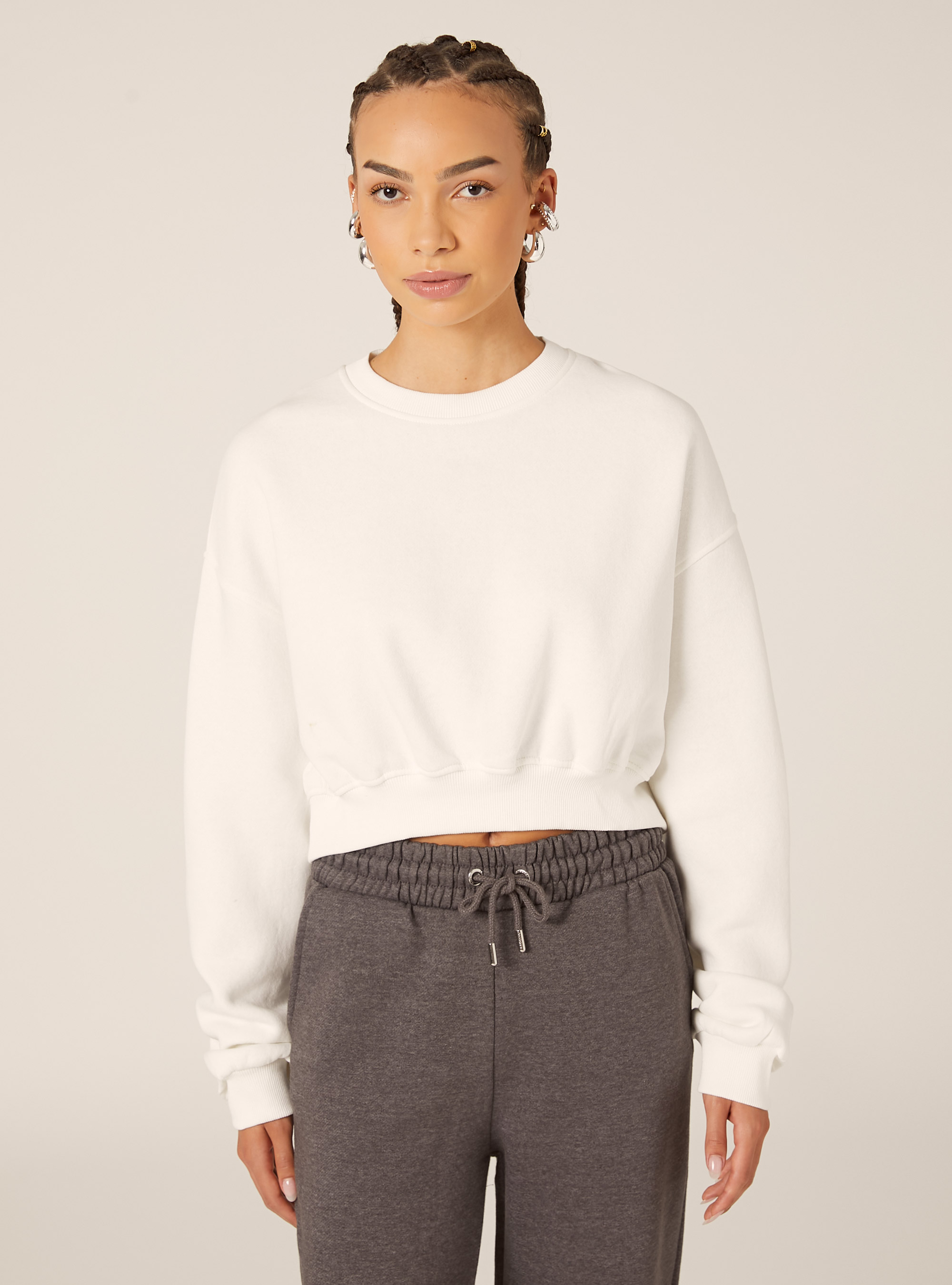 Sweat-shirt &agrave; col rond en coton court, WH2 WHITE