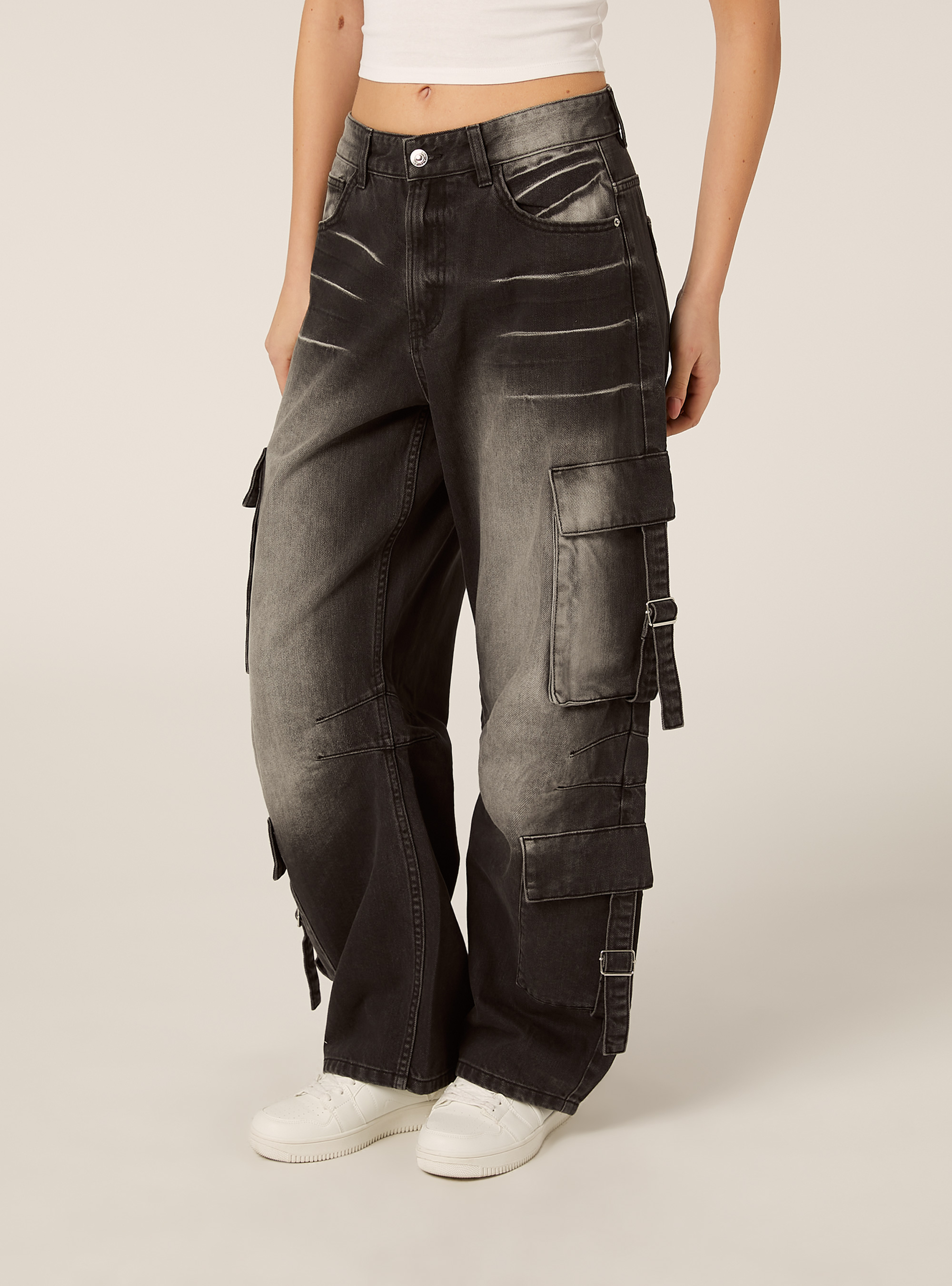 Baggy-Fit-Cargo-Jeans mit G&uuml;rtelschlaufen, D000 BLACK