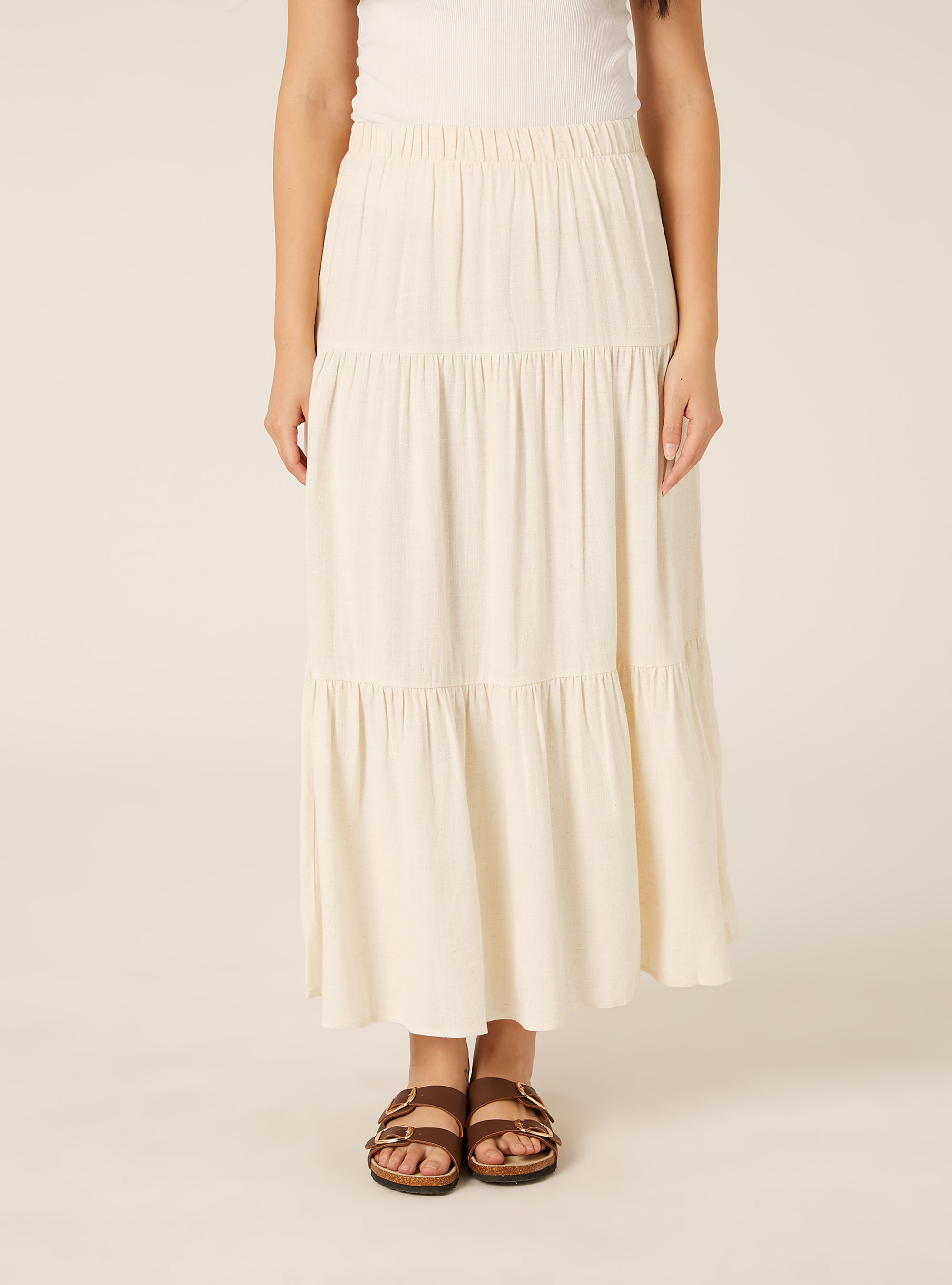Boho-Stufenrock aus Leinenmischung, MBG3 BEIGE MEL LIGHT