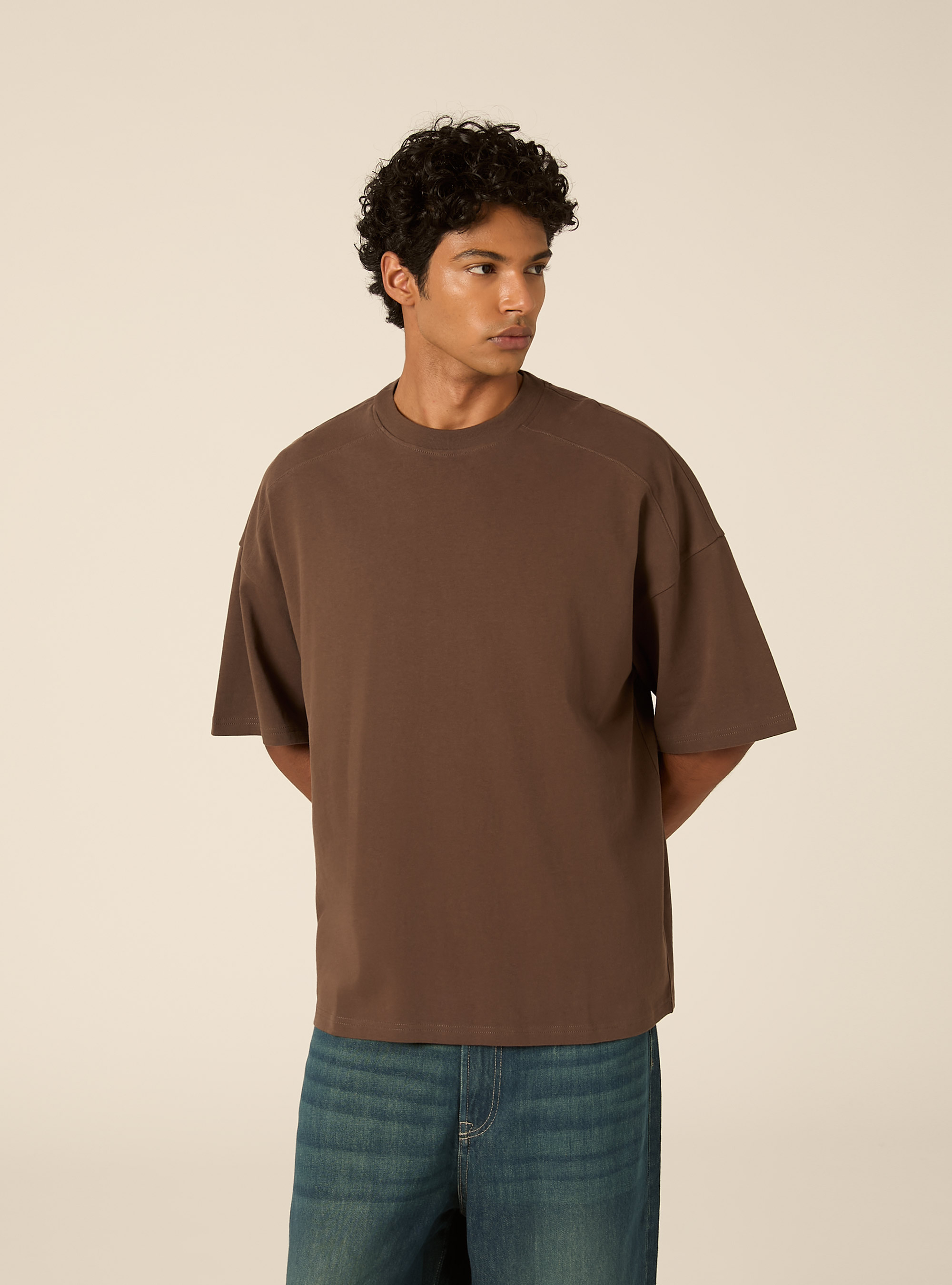 Boxy fit short sleeve tee with dropped shoulders, BR1 BROWN DARK
