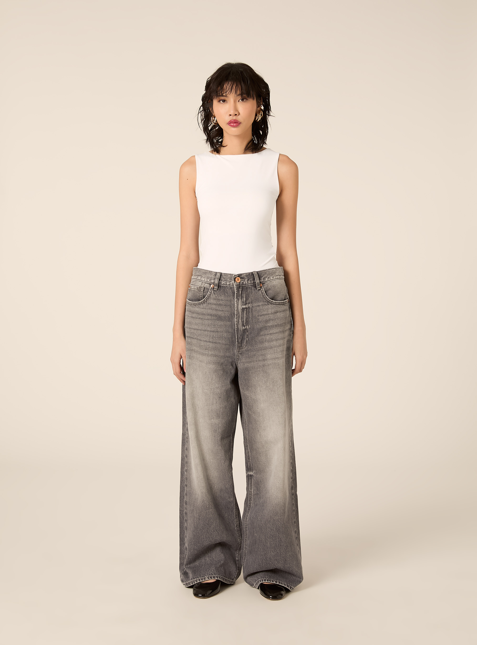 Jeans mit weitem Bein und mittlerer Leibh&ouml;he, D00G GREY
