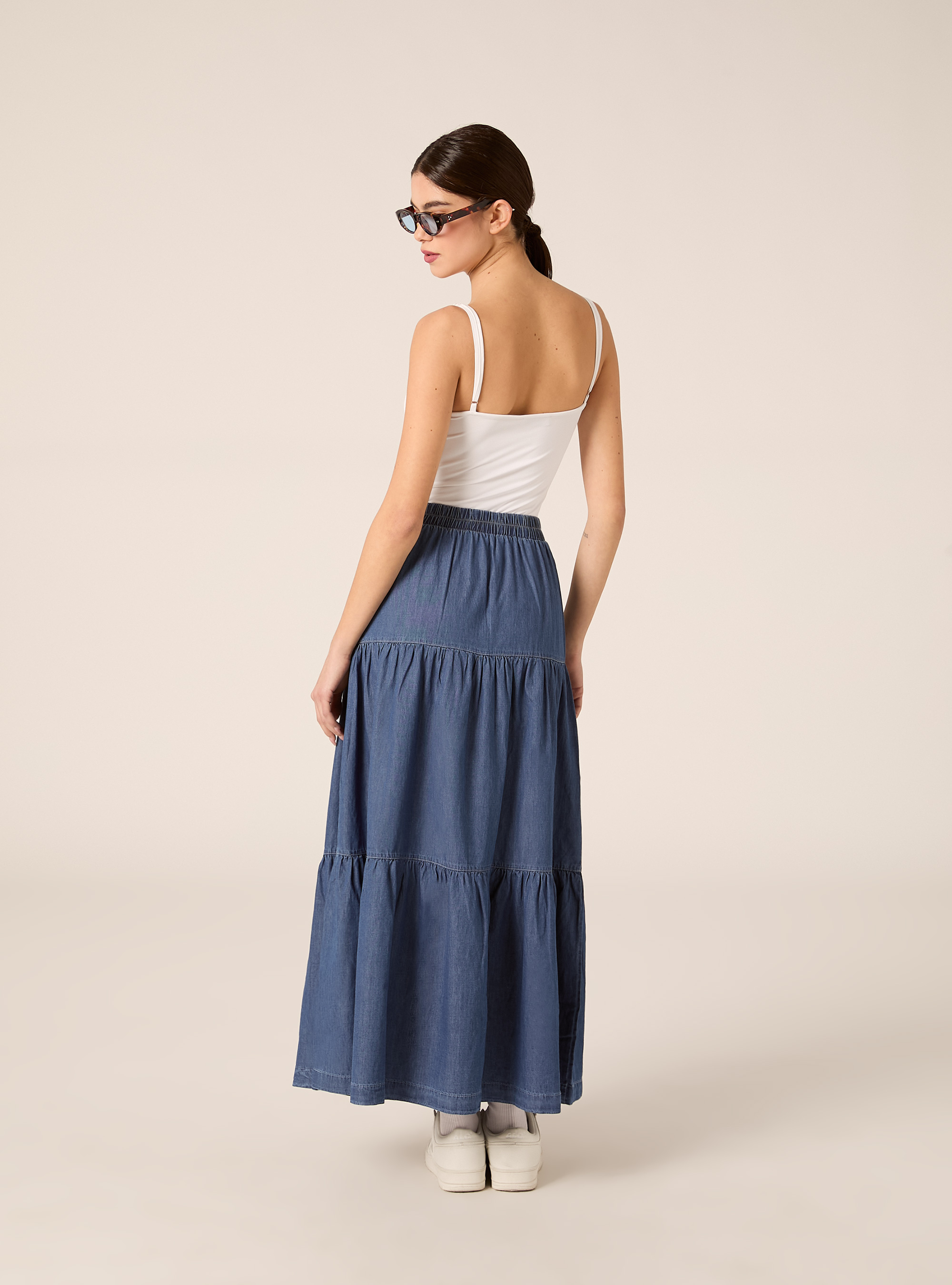 Falda larga boho de denim ligero, D004 MEDIUM LIGHT BLUE