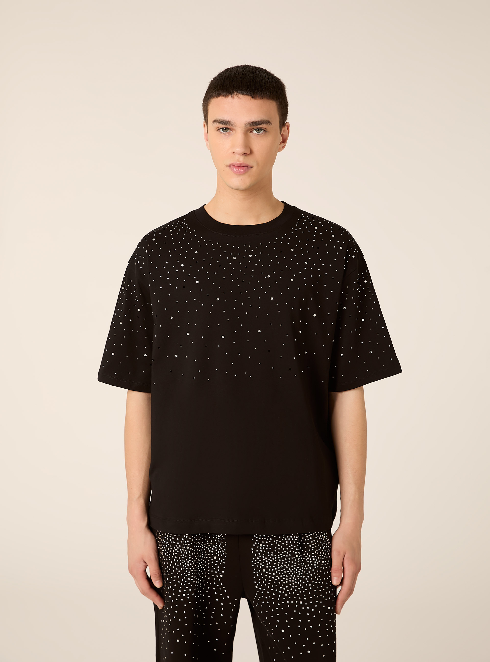 Camiseta de corte recto con pedrer&iacute;a, BK1 BLACK