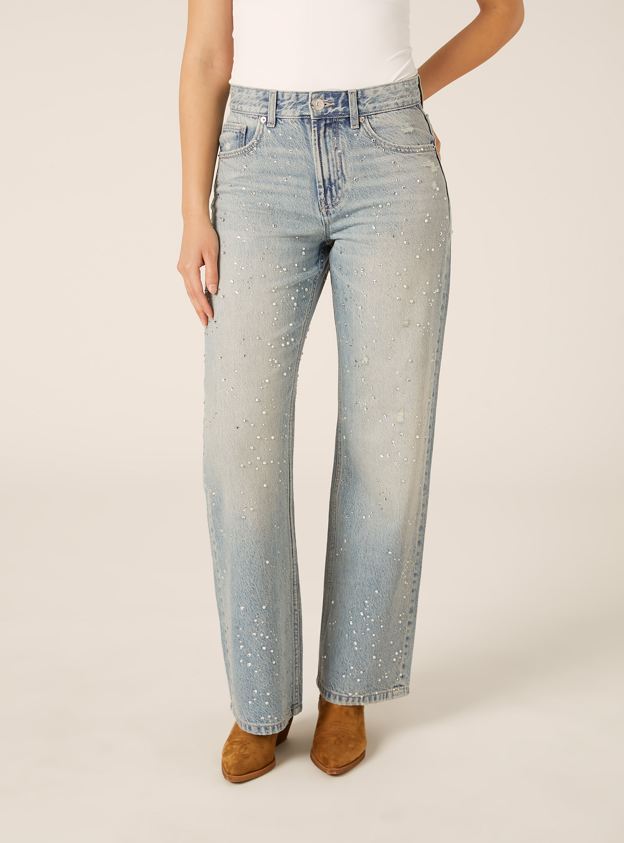 Straight Fit Jeans mit Strasssteinen, D006 AZURE