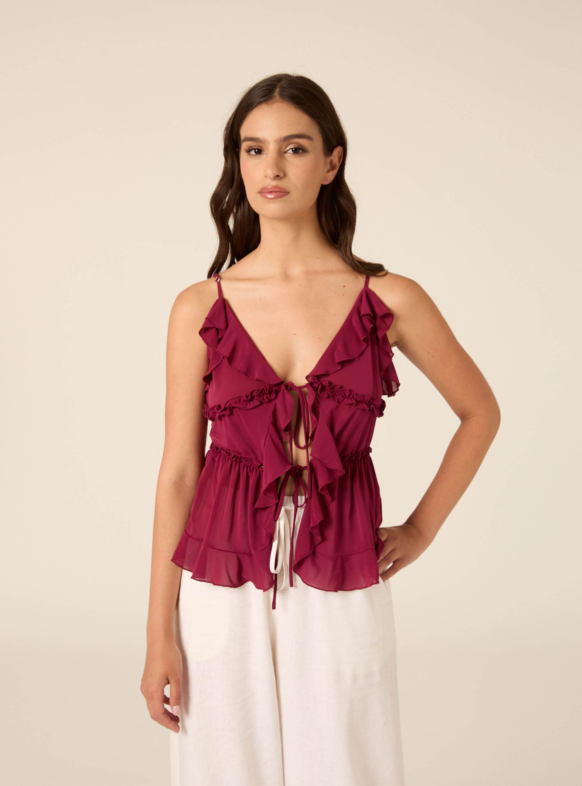 Ruffled Cami Top with Front Tie Details, PK3 PINK LIGHT