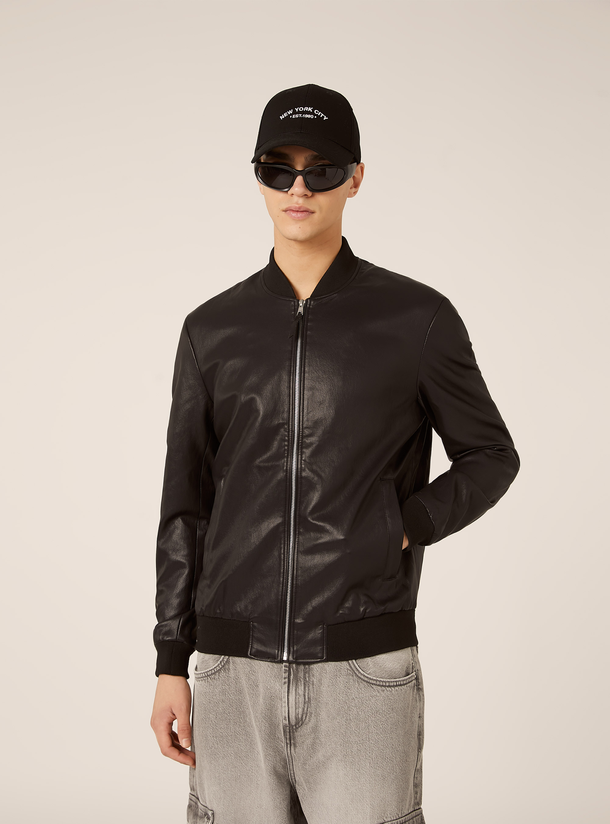 Faux Leather Bomber Jacket, BK1 BLACK
