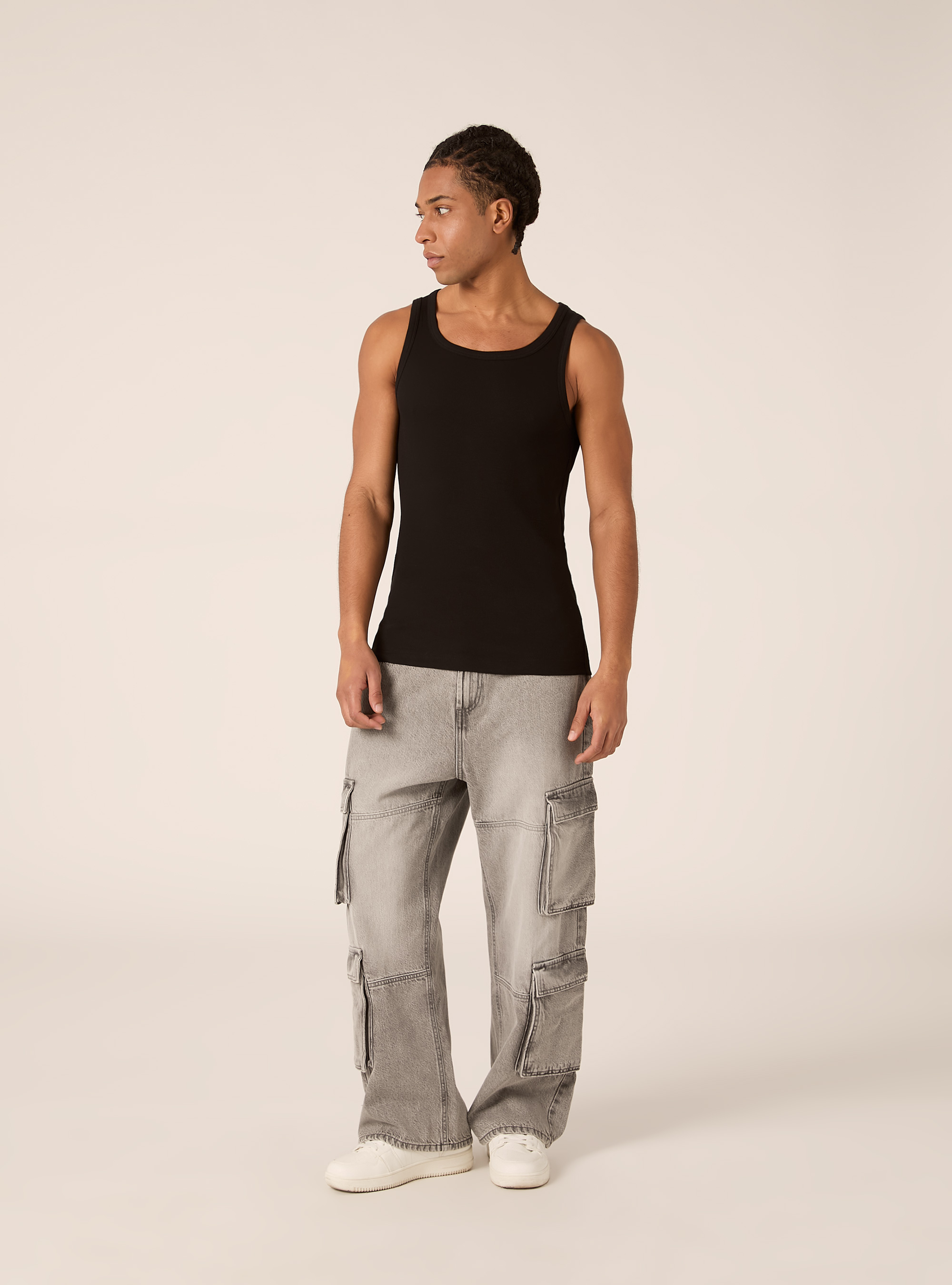 Slim Fit Ribbed Cotton Tank Top, BK1 BLACK
