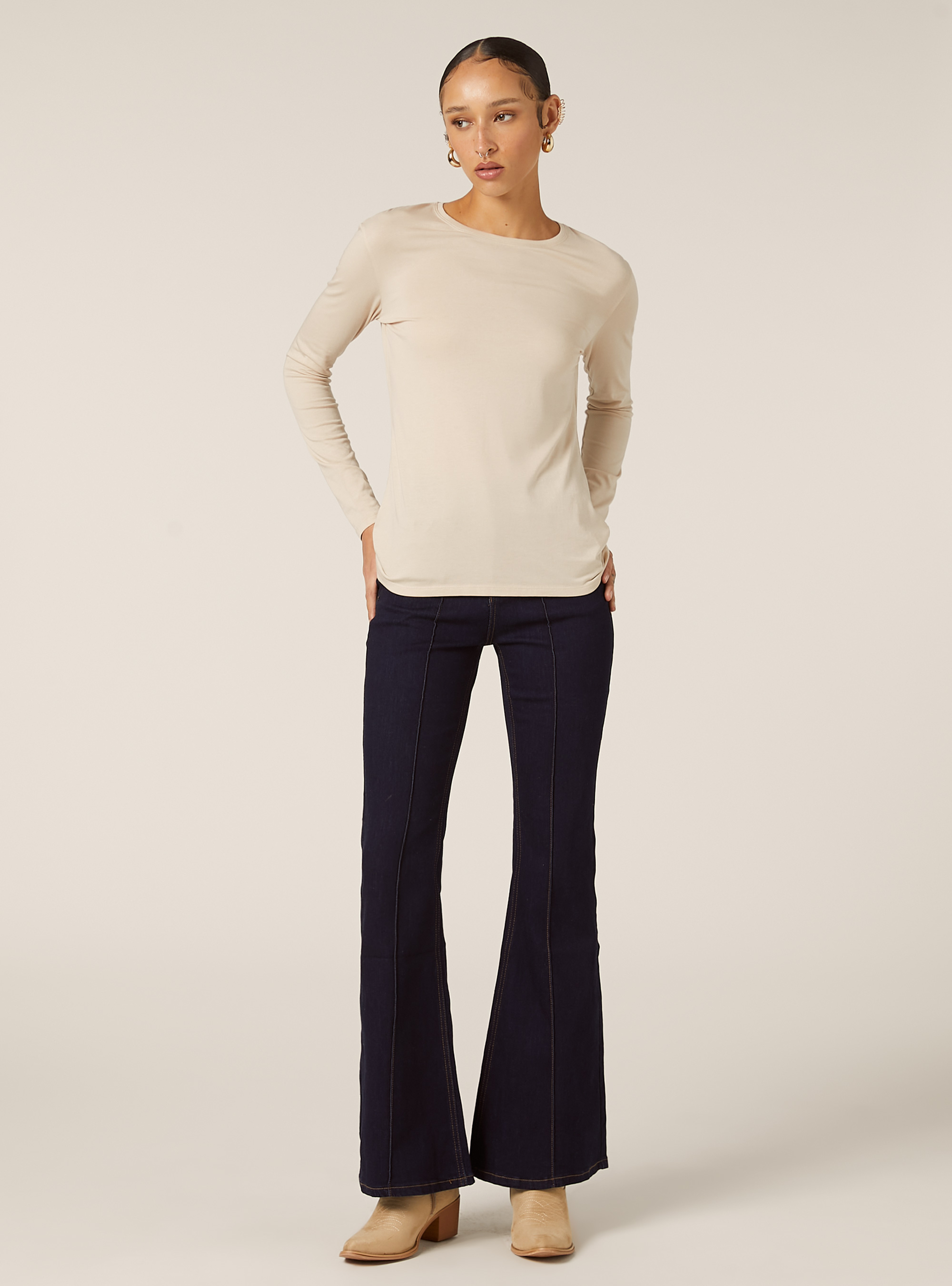 T-shirt basique &agrave; manches longues, BG3 BEIGE LIGHT
