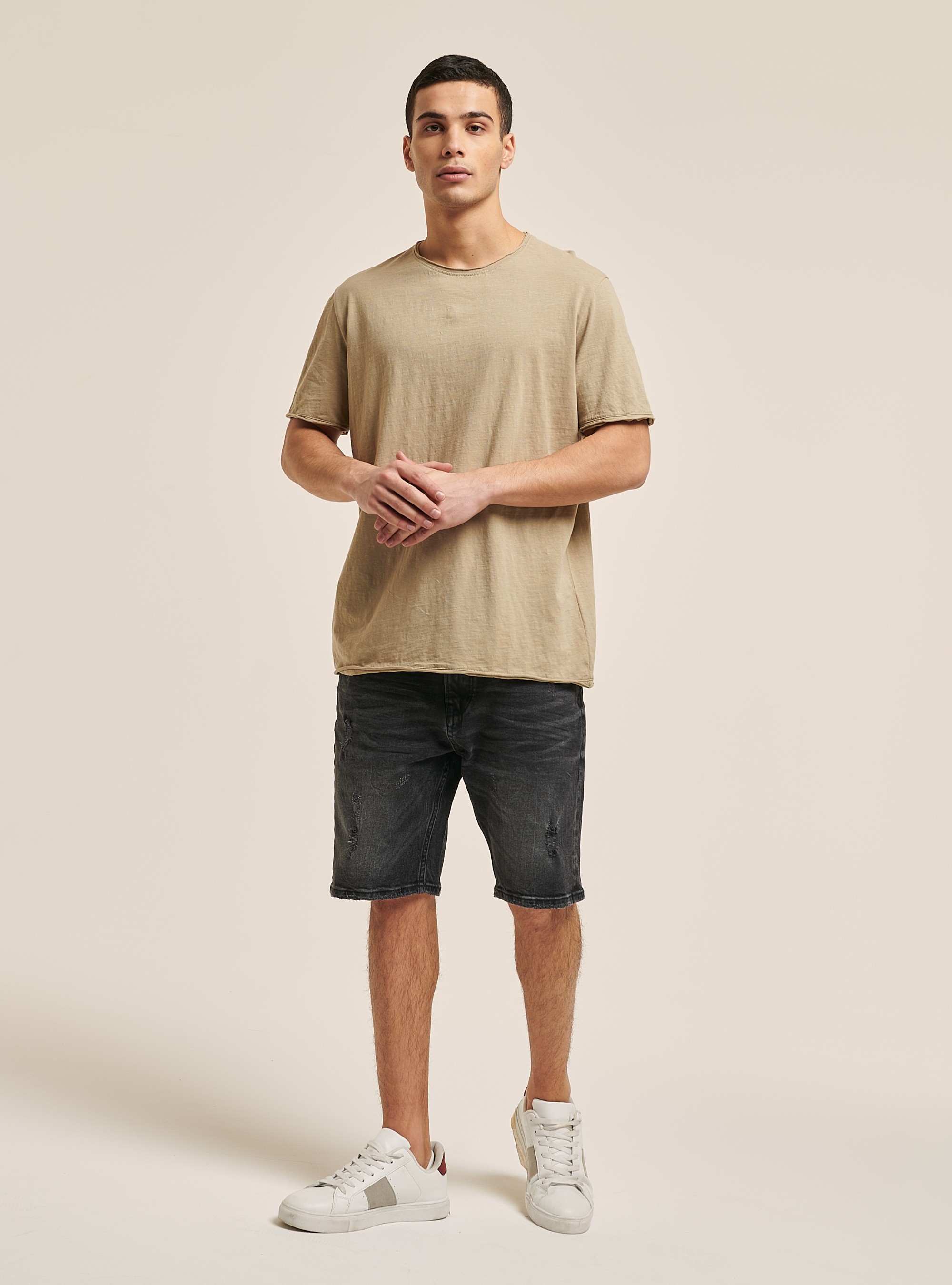 T-shirt en coton coup&eacute; &agrave; vif, BG2 BEIGE MEDIUM