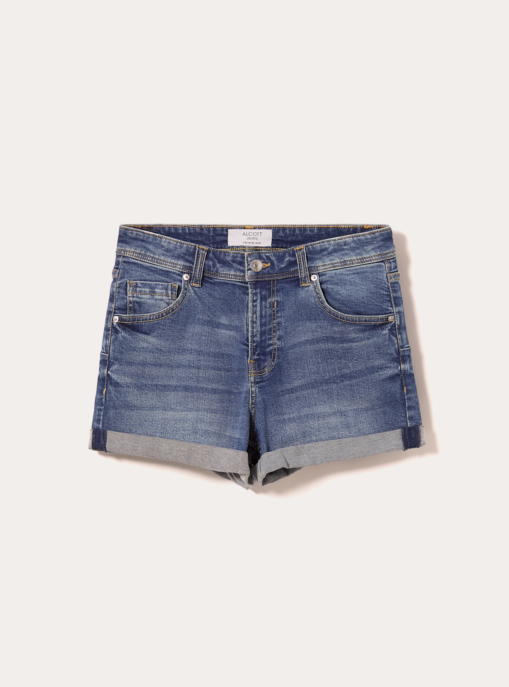 Short en denim stretch slim fit Mom, D003 MEDIUM BLUE