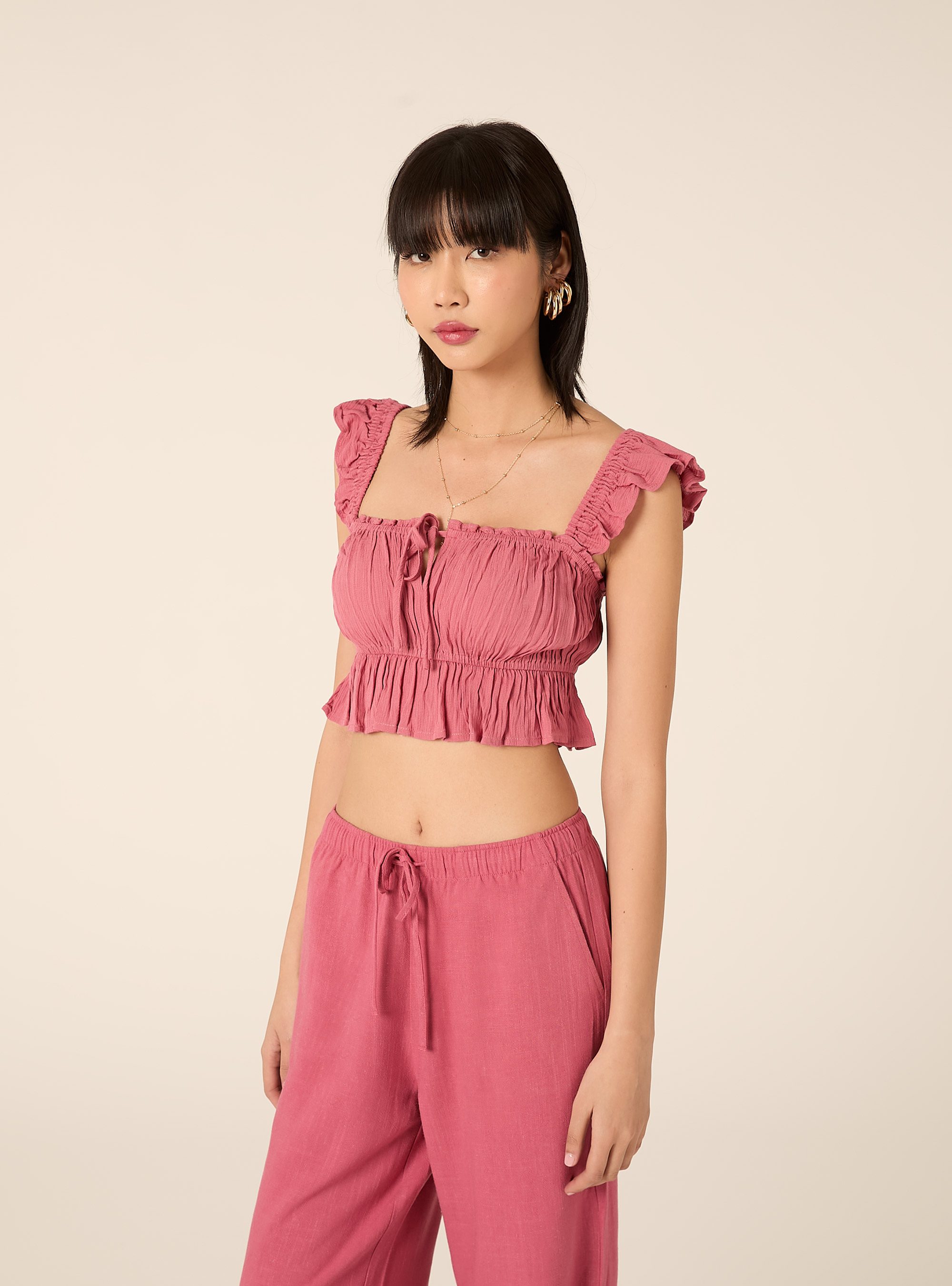 Top aus Crepe mit R&uuml;schen, PK1 PINK DARK