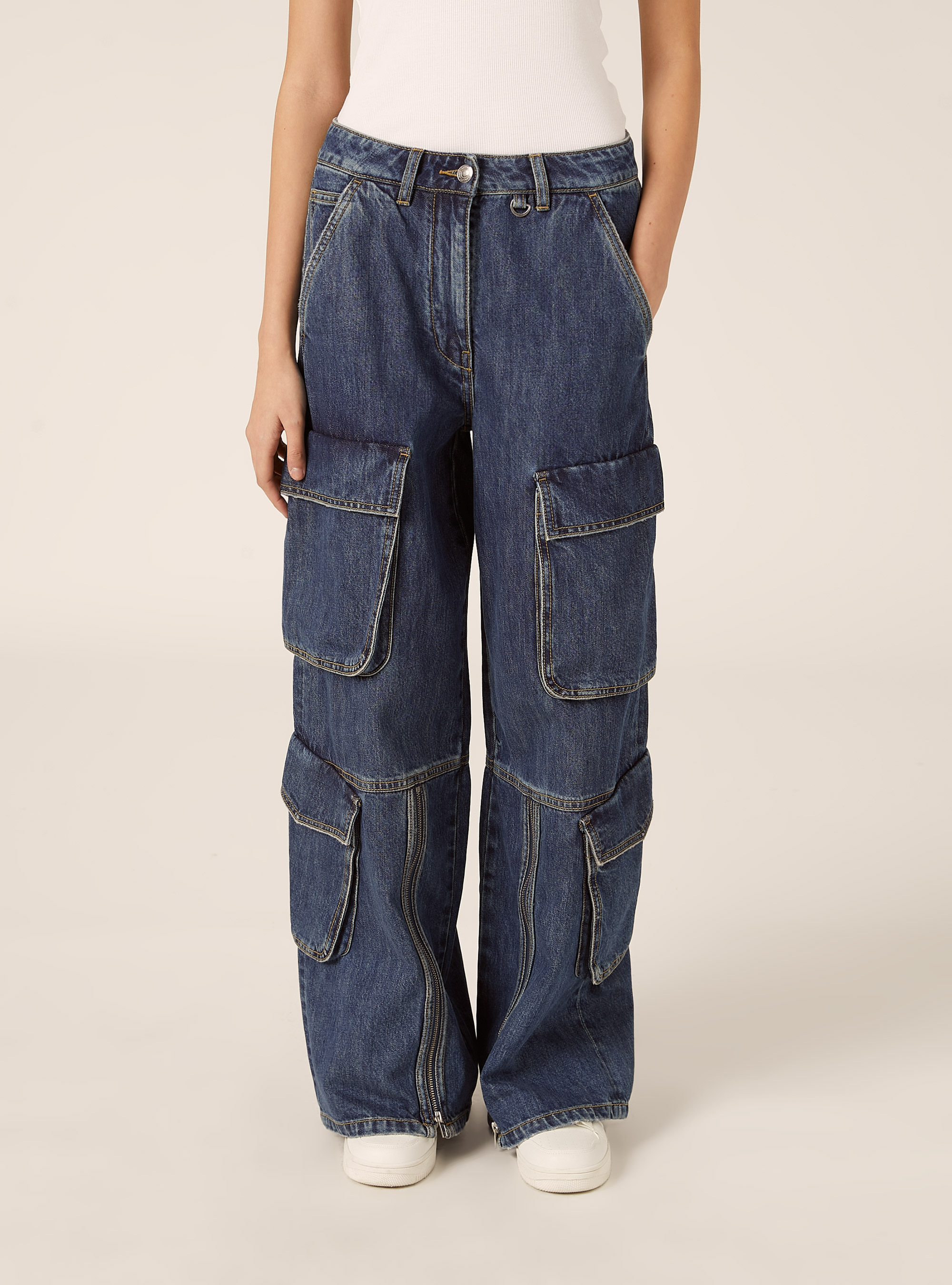 Jeans cargo con dettagli zip, D003 MEDIUM BLUE